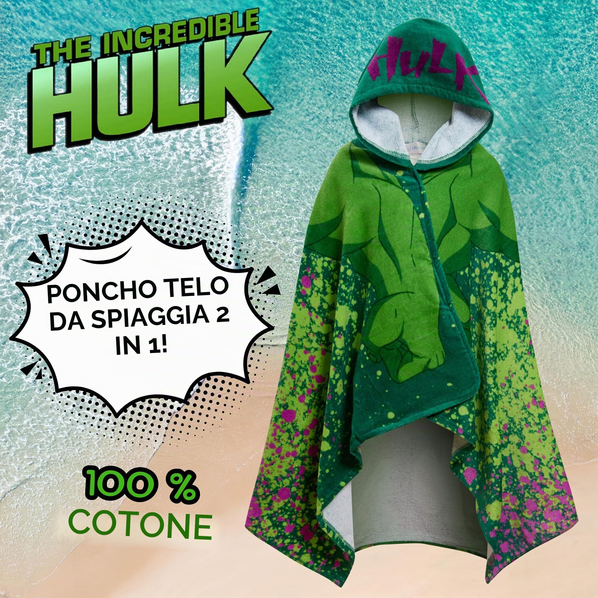 Marvel Asciugamano con cappuccio dell'Incredibile Hulk in 100% cotone Poncho per bambini Asciugamano da spiaggia Avengers Asciugamano da bagno Asciugamano da bagno Avvolgimento da nuoto