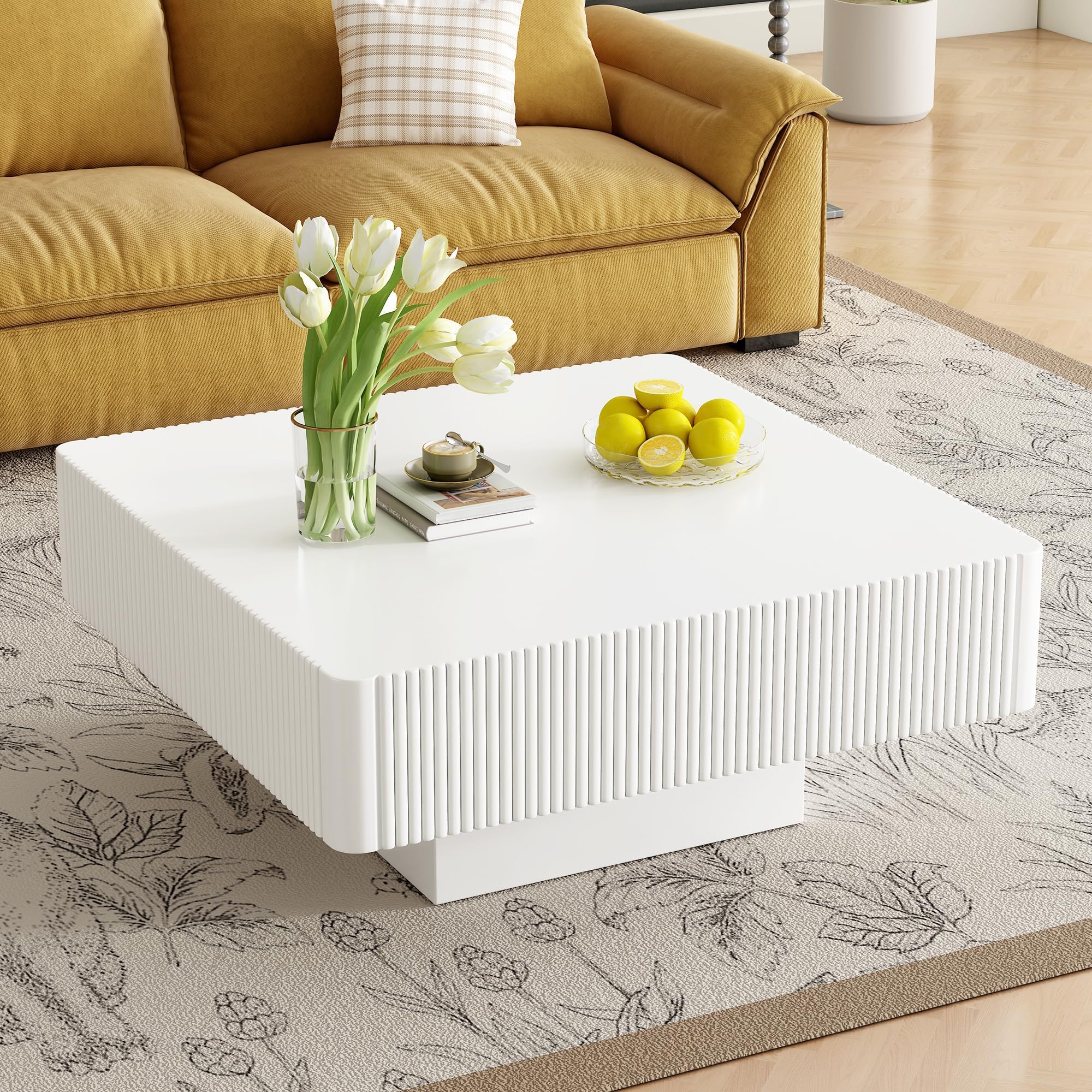 Merax Square Drum Coffee Table, Modern Handcraft Fluted Coffee Table, Wooden Square Cocktail Table Center Table with Sturdy Pedestal for Living Room Apartment,White