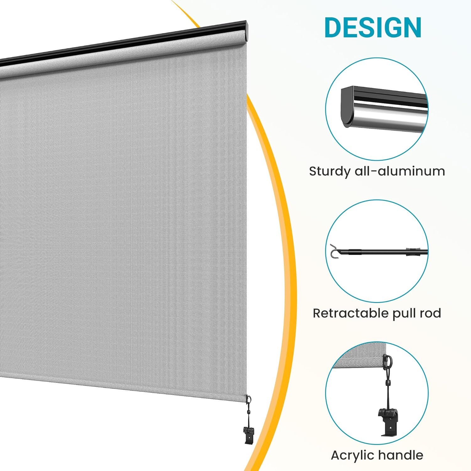 Outdoor Roller Shades for Patio with New Operation Mode (with Pull Rod-No Need Crank), Upgraded Materials Outdoor Shade Roller Up with 95% UV Protection, Outdoor Blinds for Patio Proch