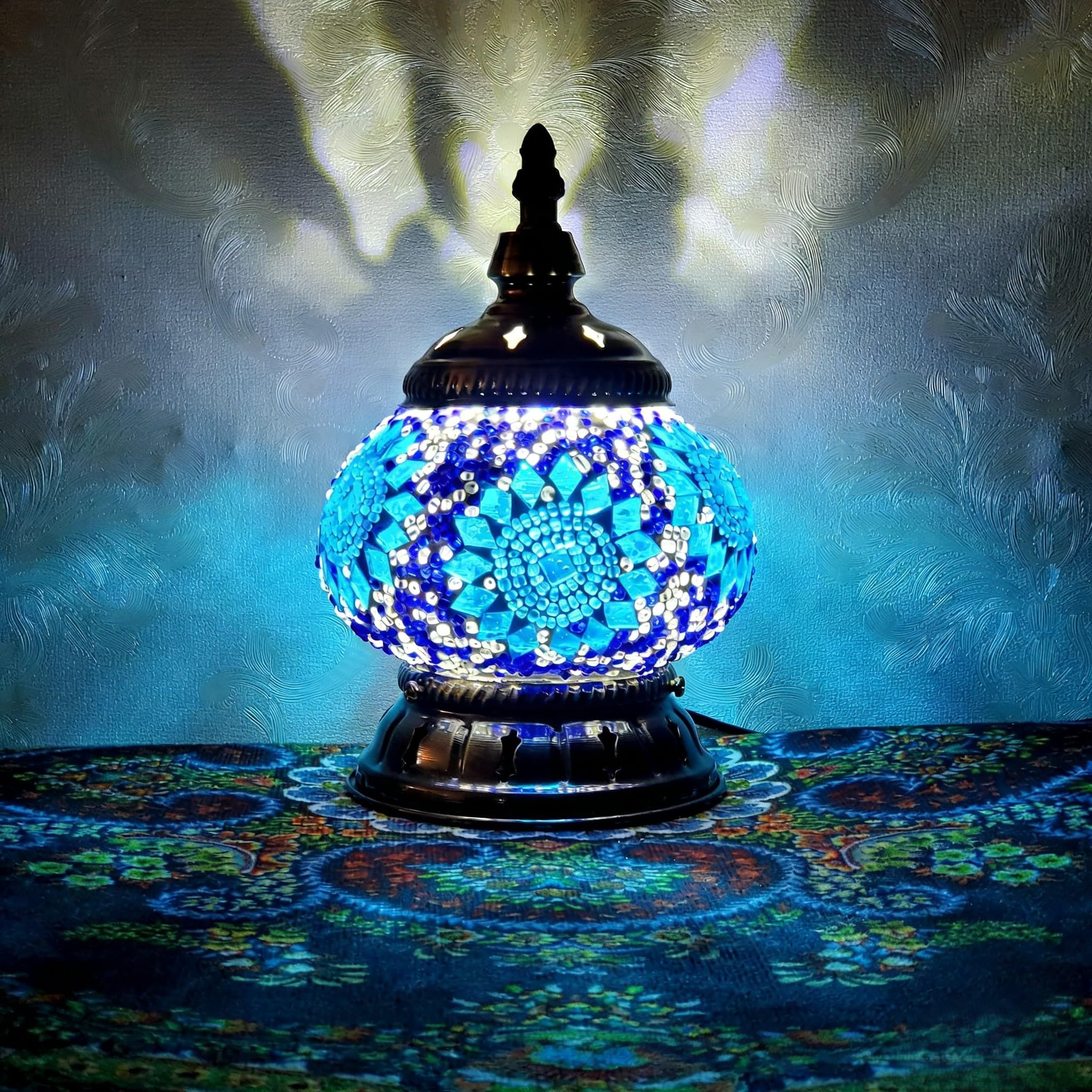 Maimeili Turkish Exotic Mosaic Table Lamp with Handmade Moroccan-Style Decorative Glass Retro Lamp Shade with USB Decorative Desk Lights Bedside Lights for Bedroom