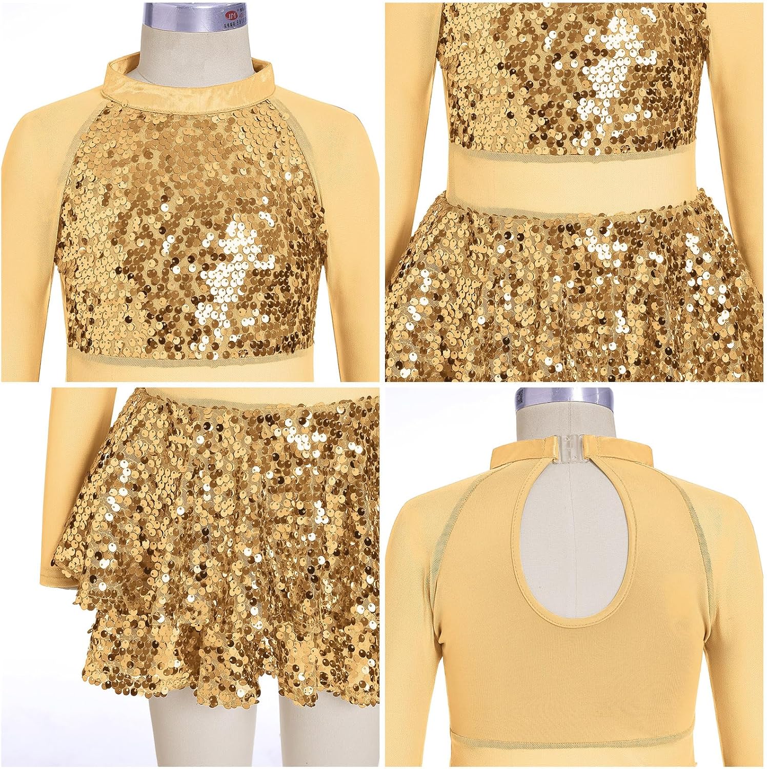 ODASDO Girls Sparkle Sequins Dance Outfit Kids Latin Hip Hop Jazz Dancewear Mesh Long Sleeve Glitter Dress with Shorts Set