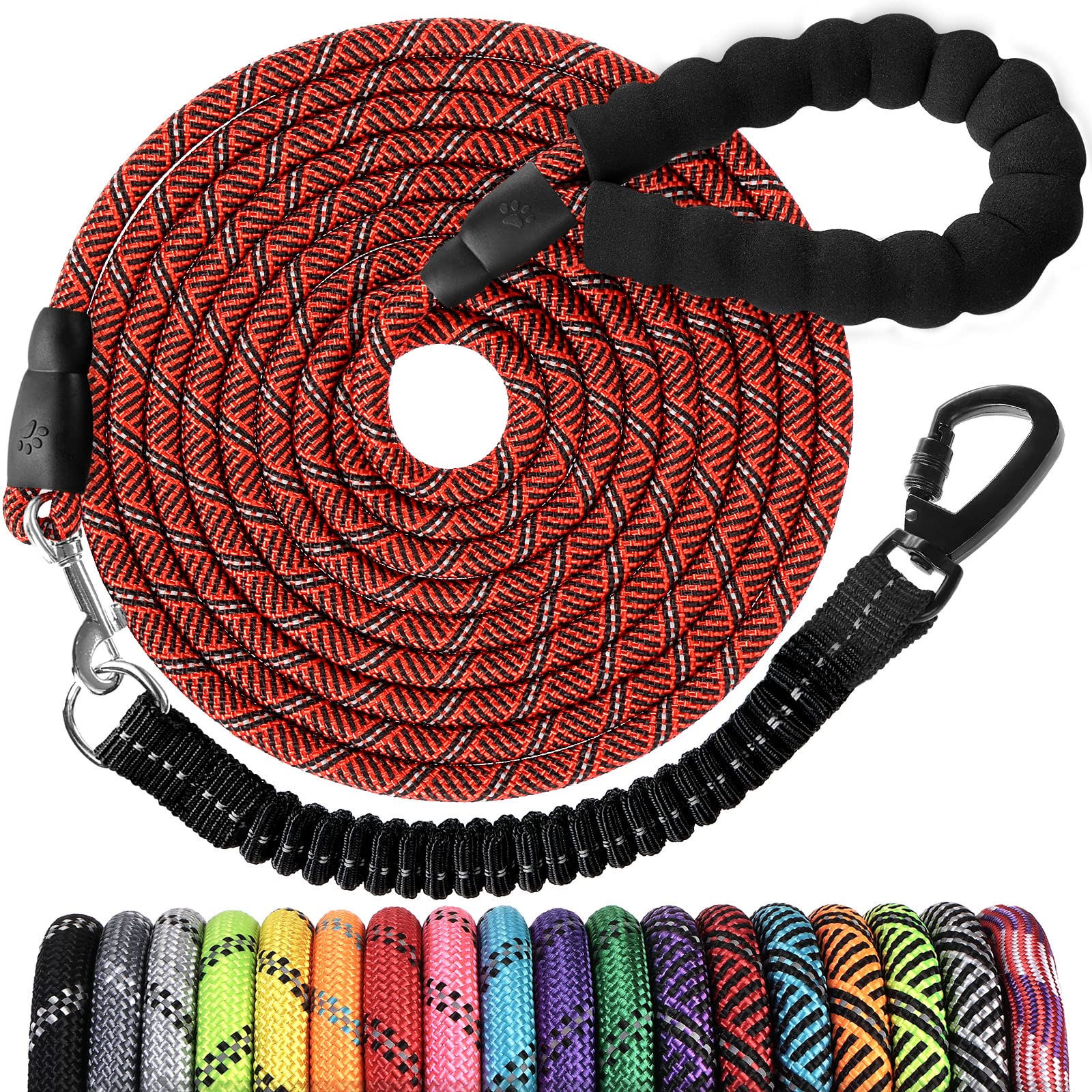 Long Dog Leash 15 FT: Heavy Duty Rope Leashes for Dogs Training with Swivel Lockable Hook Reflective Threads Bungee and Padded Handle - Dog Lead for Large Small Medium Dogs Outside Walking Hiking Red