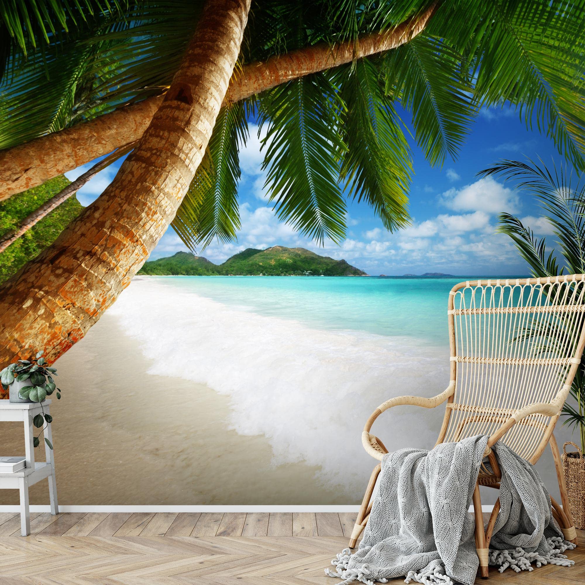 Runa Art Carta da parati fotografica 396 x 280 cm Spiaggia e mare palma | Vello Decorazione Murale Soggiorno Camera Da Letto | Manifattura tedesca | Verde blu 9004012b