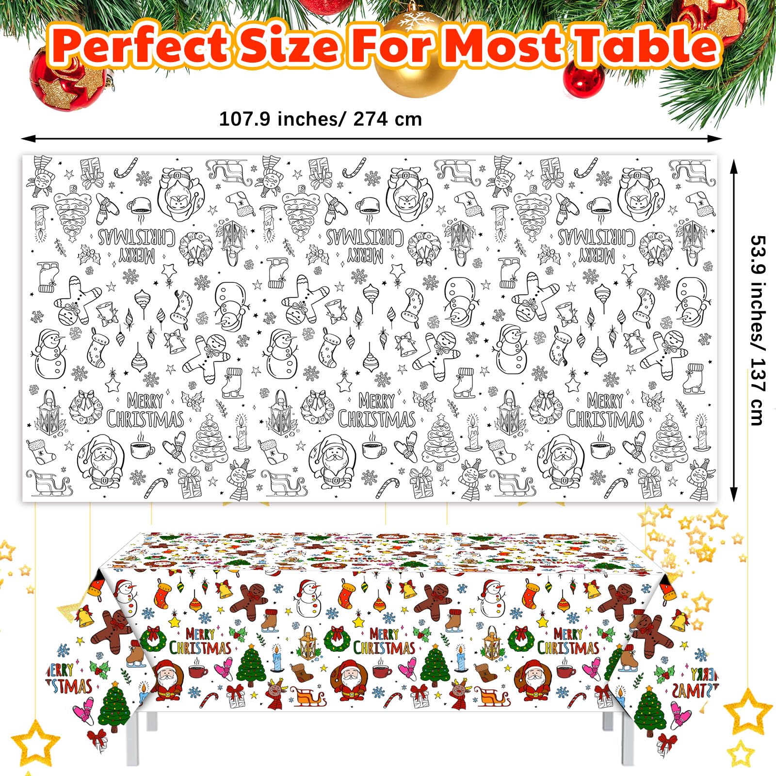 Merry Christmas Coloring Tablecloth - 53.9x107.8 Inch Giant Santa Snowman Poster For Kids Adults Holiday Party Craft - View #5