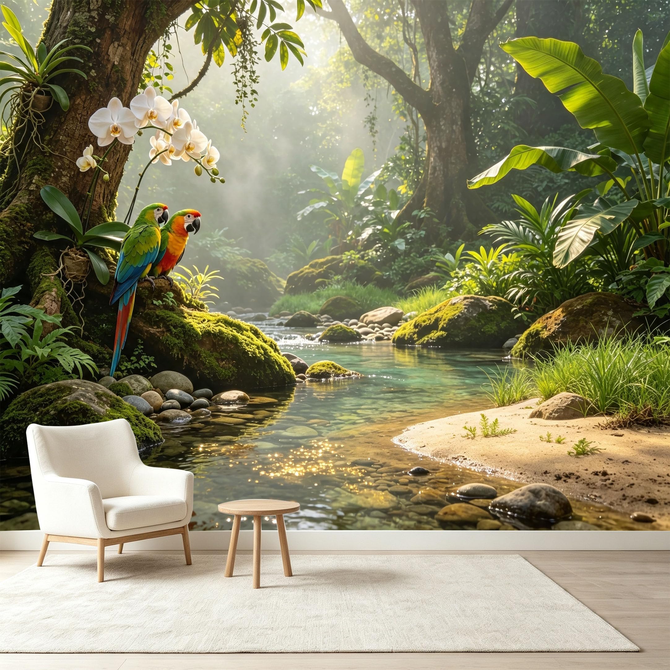 Custom Size Wall Murals Tropical Jungle Botanical Rainforest Macaw Parrots Orchid Flowers River Self-Adhesive Wall Fabric Removable Wallpaper Wall Decor for Living Room Bedroom Bathroom