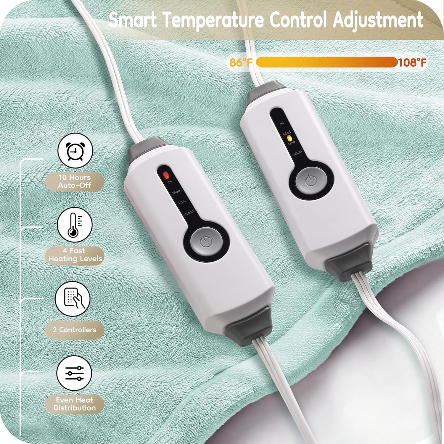 Electric Heated Blanket Queen Size 84"x90", with Dual Control Breathable & Luxurious Flannel, with 4 Heating Levels & 10 Hours Auto-Off, Fast Heating, Machine Washable, for Bedding-Light Green - Image 2