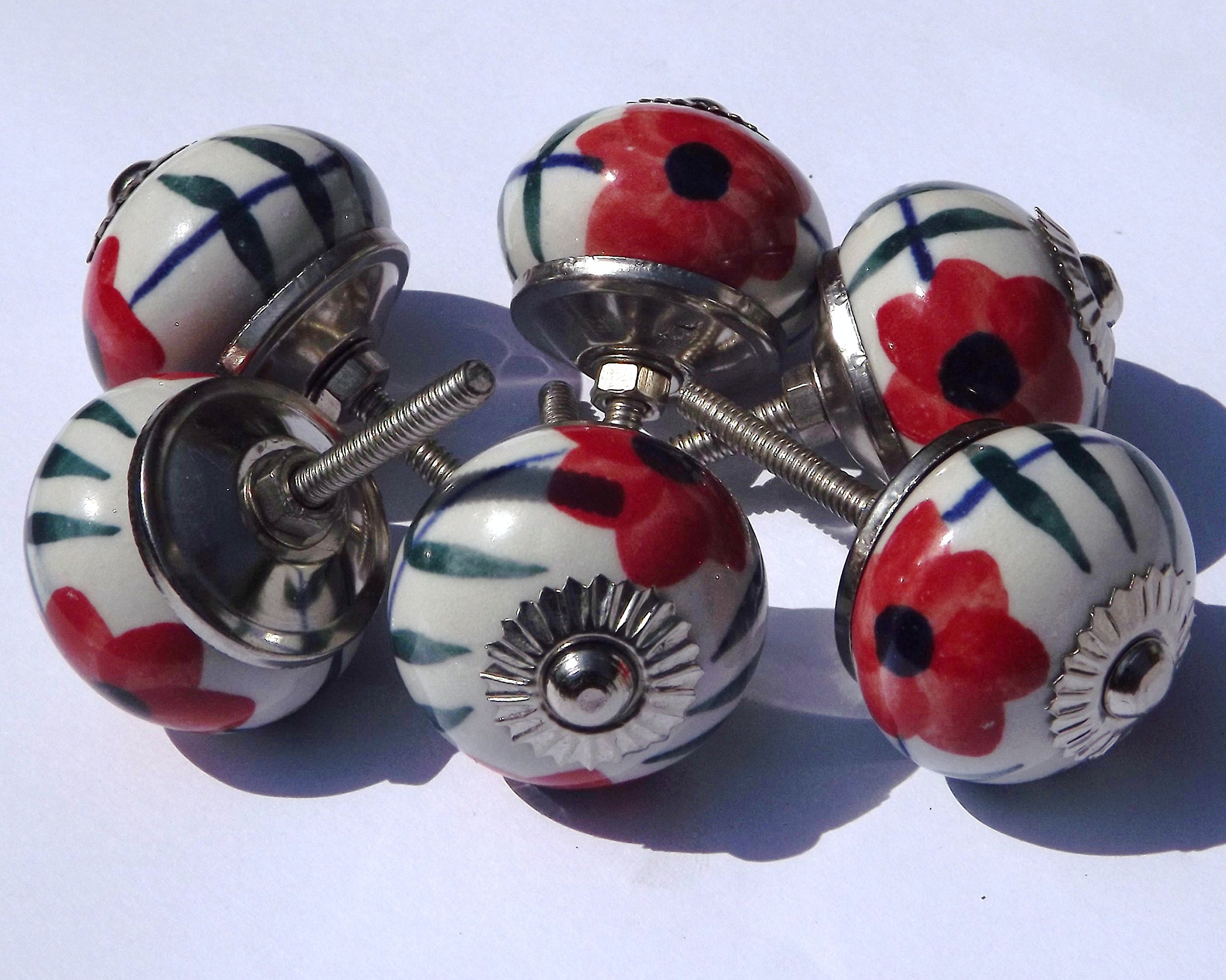 Boutons de meuble ronds en céramique lot de 6 avec coquelicot rouge