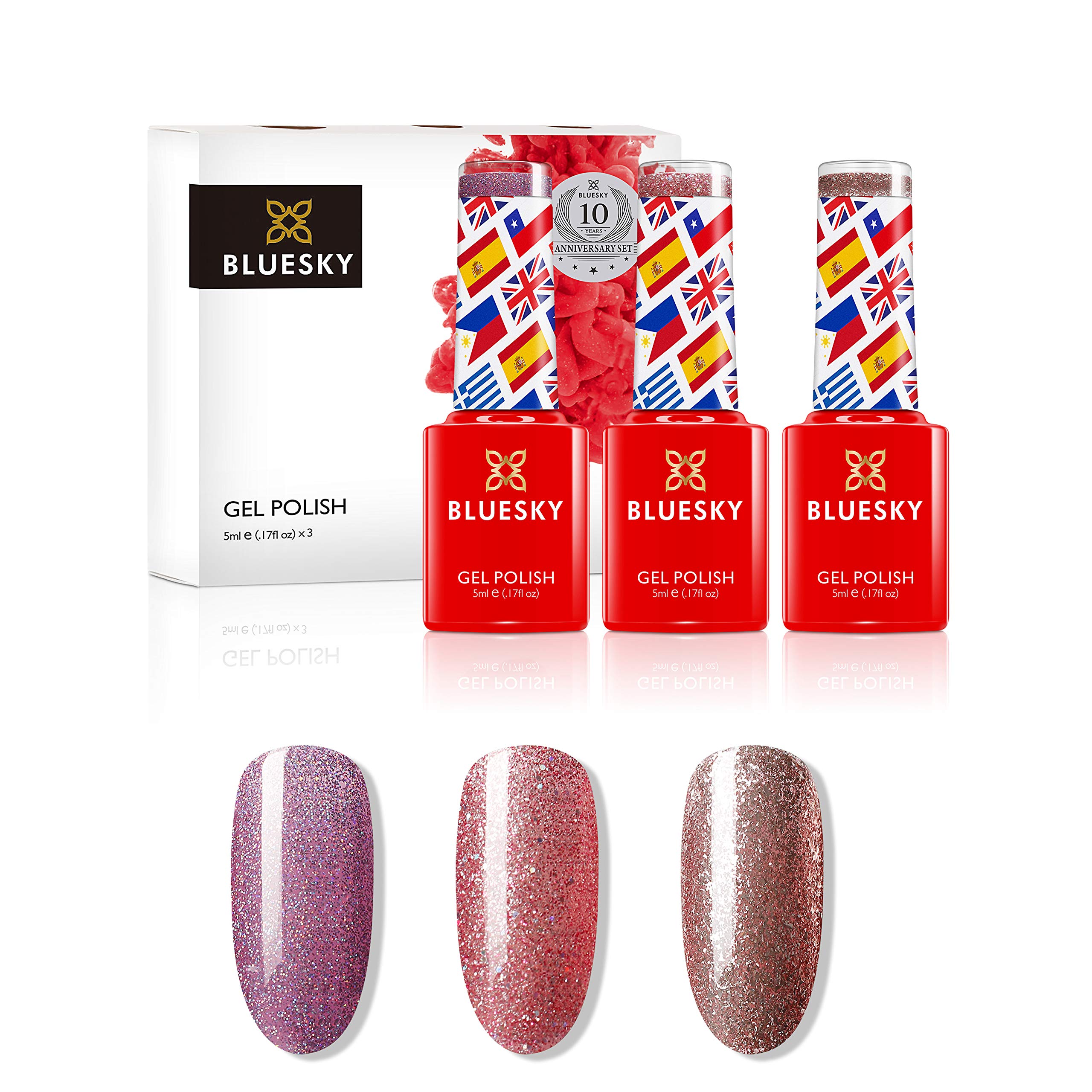 BLUESKYGel Nail Polish Set, 10 Year Anniversary Collection, Set 3, 3 x 5 ml, Pink, Mauve, Nude, Pastel, Fine Glitter (Requires Curing Under UV or LED Lamp)