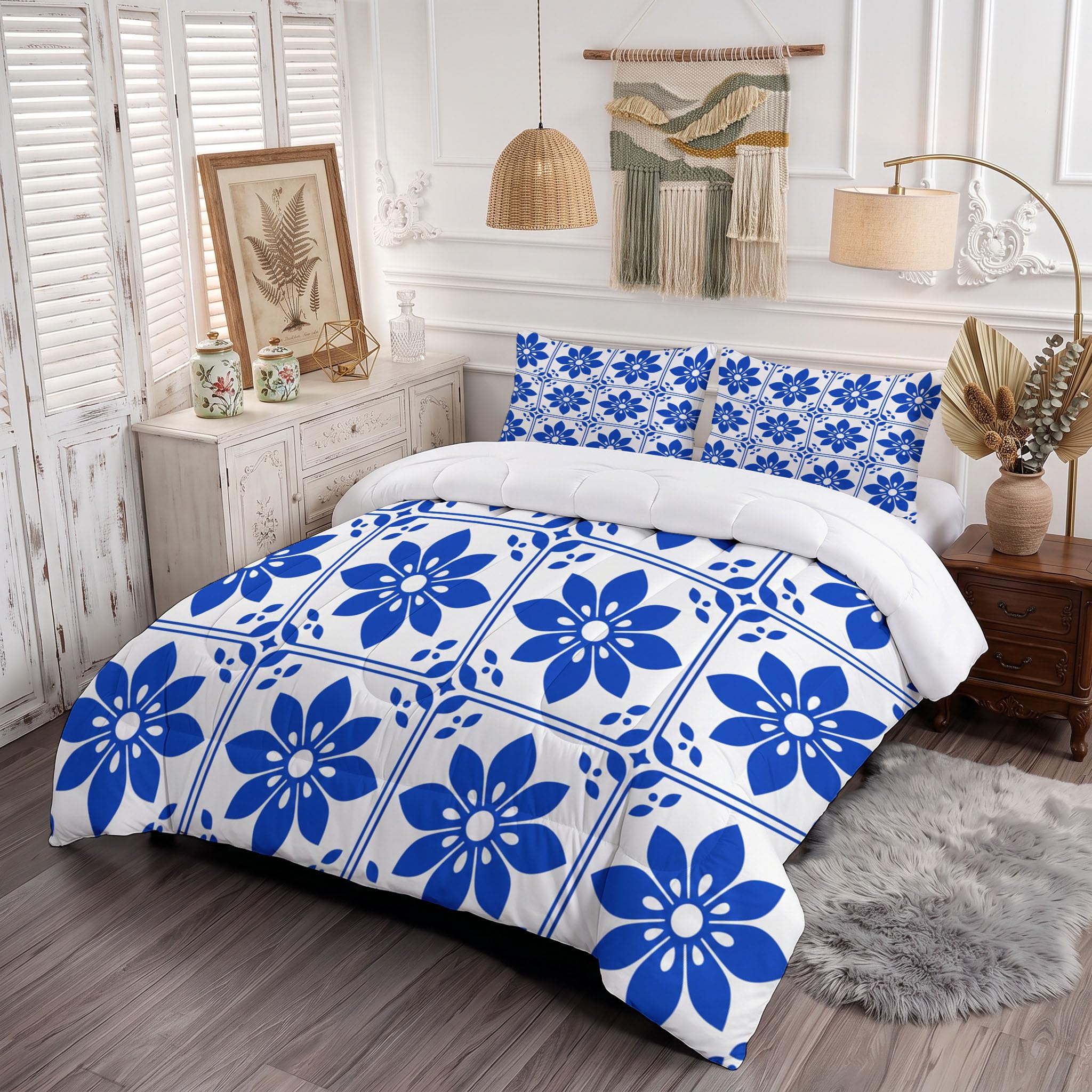 Trapunta Piastrelle Floreali In Stile Retrò, Piumino Matrimoniale 4 Stagioni | 240X220 Cm Con Federa 50X80, Piumone Leggero In Microfibra, Trapunta Reversibile Geometria Delle Piante Tribali, Indaco