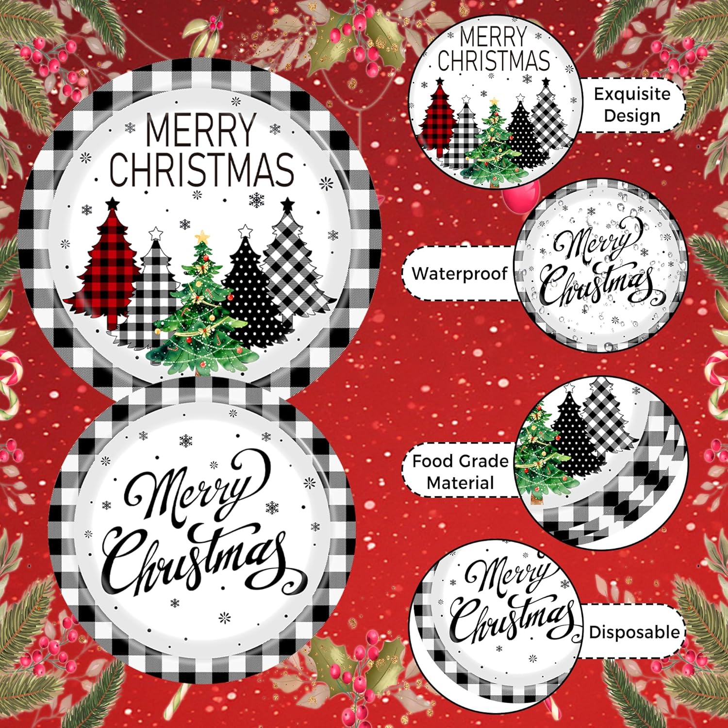 200 Pcs Christmas Paper Plates and Napkins Sets, Black Buffalo Plaid Christmas Tree Plates and Napkins, Disposable Holiday Plate and Napkin Sets for Xmas Party Supplies Dinner Winter Decorations