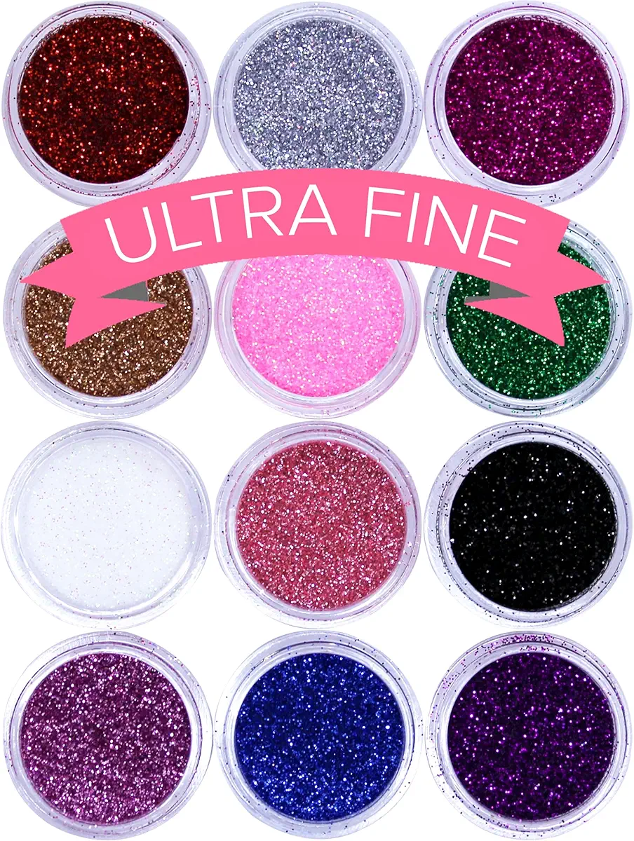 Ultra FINE Glitter for Gel Nail Art Pots Set - NYK1 DUST Powder, Face Paint Makeup, Hair, Shellac Nail Polish Craft, Festival Party Colors | Brush Body Tattoos Make Up Sets for Kids Children