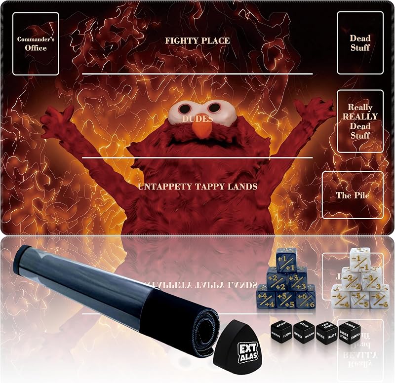 MTG Playmat with Storage Tube & 7-Dice Set - Waterproof TCG Playmat with Stitched Edges, Non-Slip Rubber Card Game Mat (24"x14") (playmat with Zones, Inferno Meme Puppet)