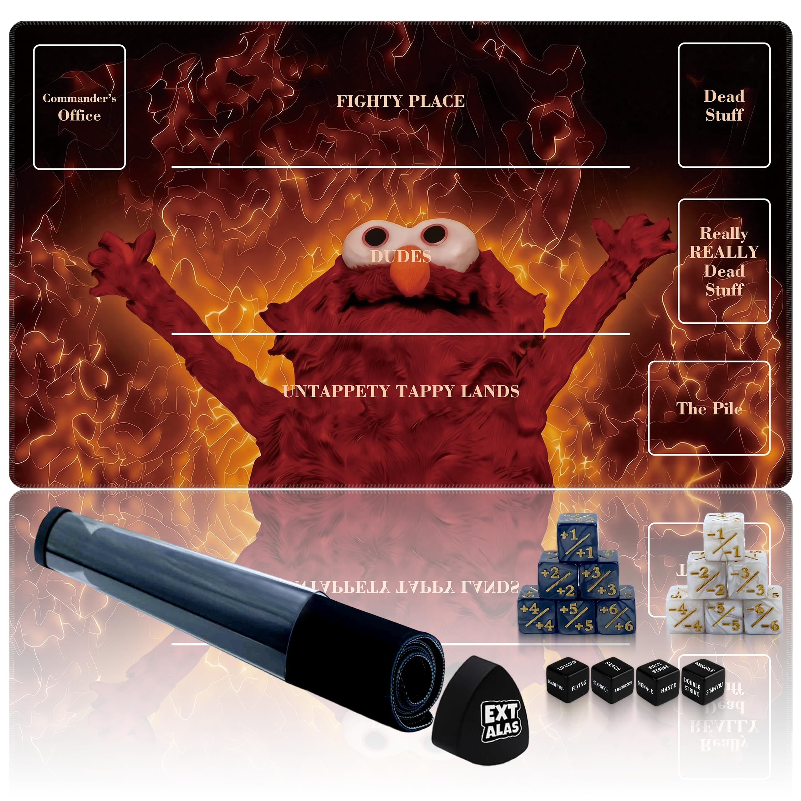 Extalas Magic TCG Playmat -Includes Storage Tube and 7 Dice-Experience Top-Tier Quality and Edge-Locking Waterproof and Non-Slip Mat! (playmat with Zones, Inferno Meme Puppet)
