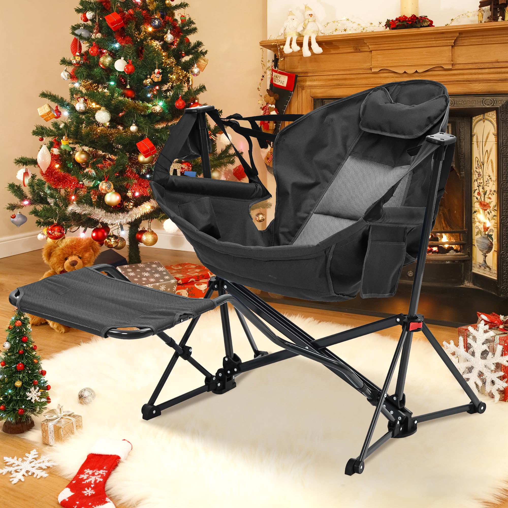 GDY Camping Chairs, Oversized Hammock, Folding Rocking Chairs, Adjustable Back Swing Chairs, Cup Holder, Outdoor Beach Lawn, Black