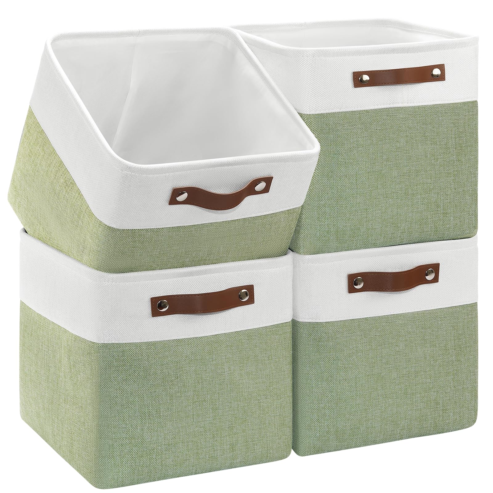 Patvingot Faltbare Stoff-Aufbewahrungswürfel, 27,9 x 27,9 cm, stabile Würfel-Organizer mit Ledergriffen, Aufbewahrungskörbe für Schrankregale und Heimorganisation (weiß/grün), 4 Stück