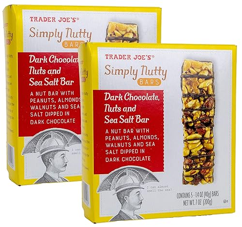 Trader Joes Simply Nutty Bars - Barras de chocolate negro, nueces y sal marina, cajas de 2 a 1.4 onzas, 5 barras por caja