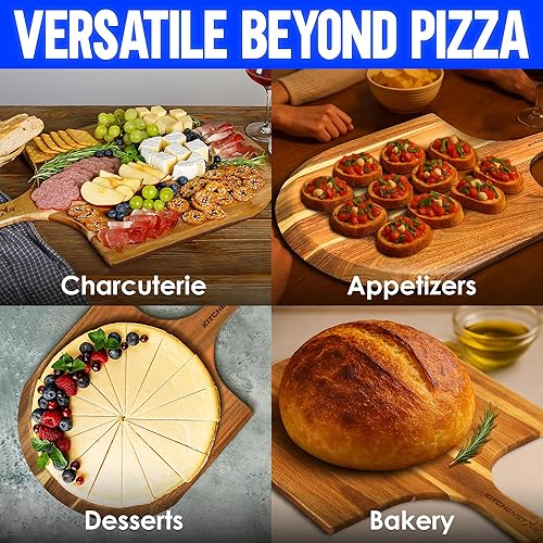 Miniatura 7 de KitchenStar - Pala de madera para pizza de 16 pulgadas, espátula de paleta de madera de acacia prémium para horno, grande, tabla de servir procesada