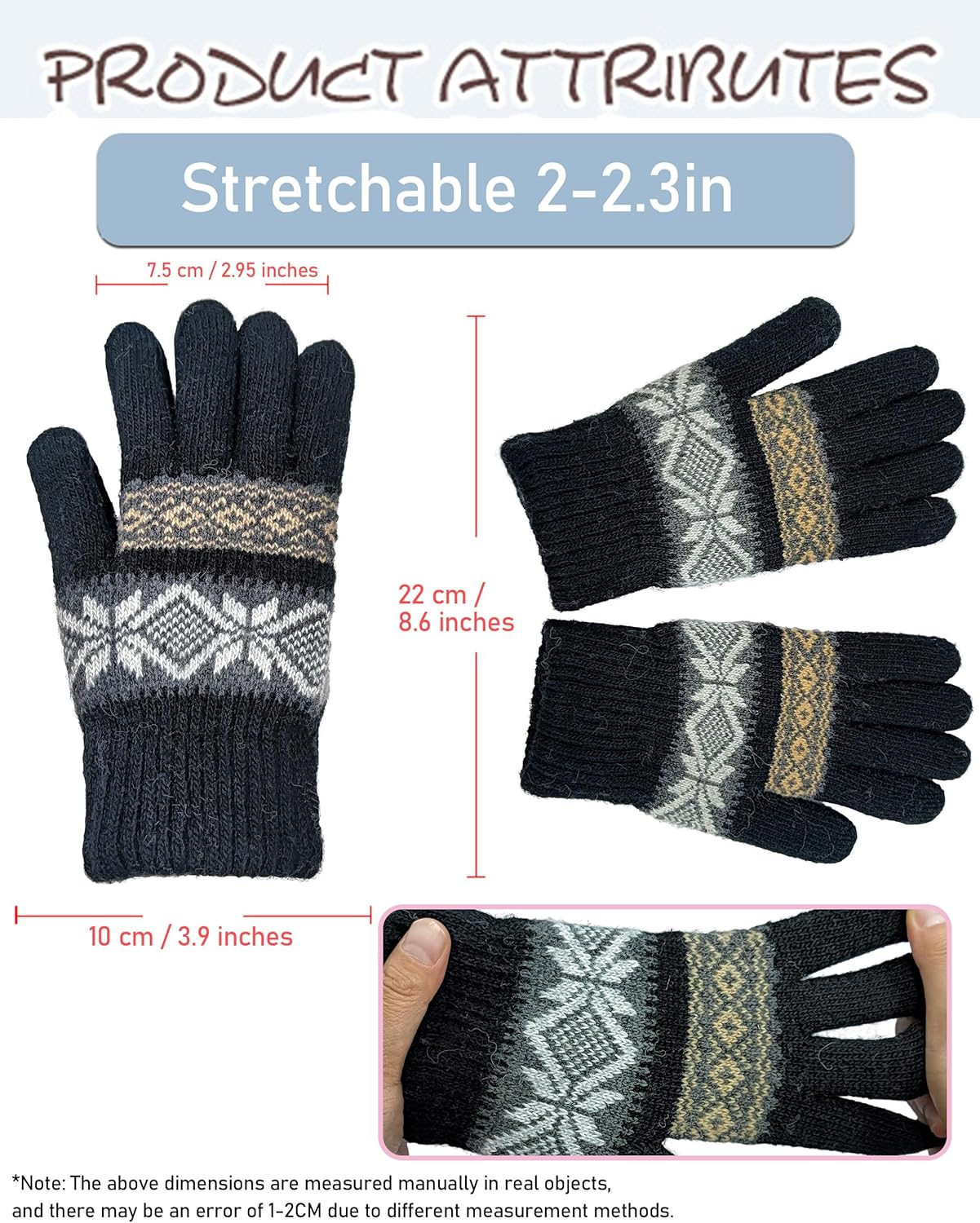 Winter Warm Gloves for Women Cold Weather, Thermal Snowflake Knit Touch Screen Gloves Black for Running Driving - Image 3