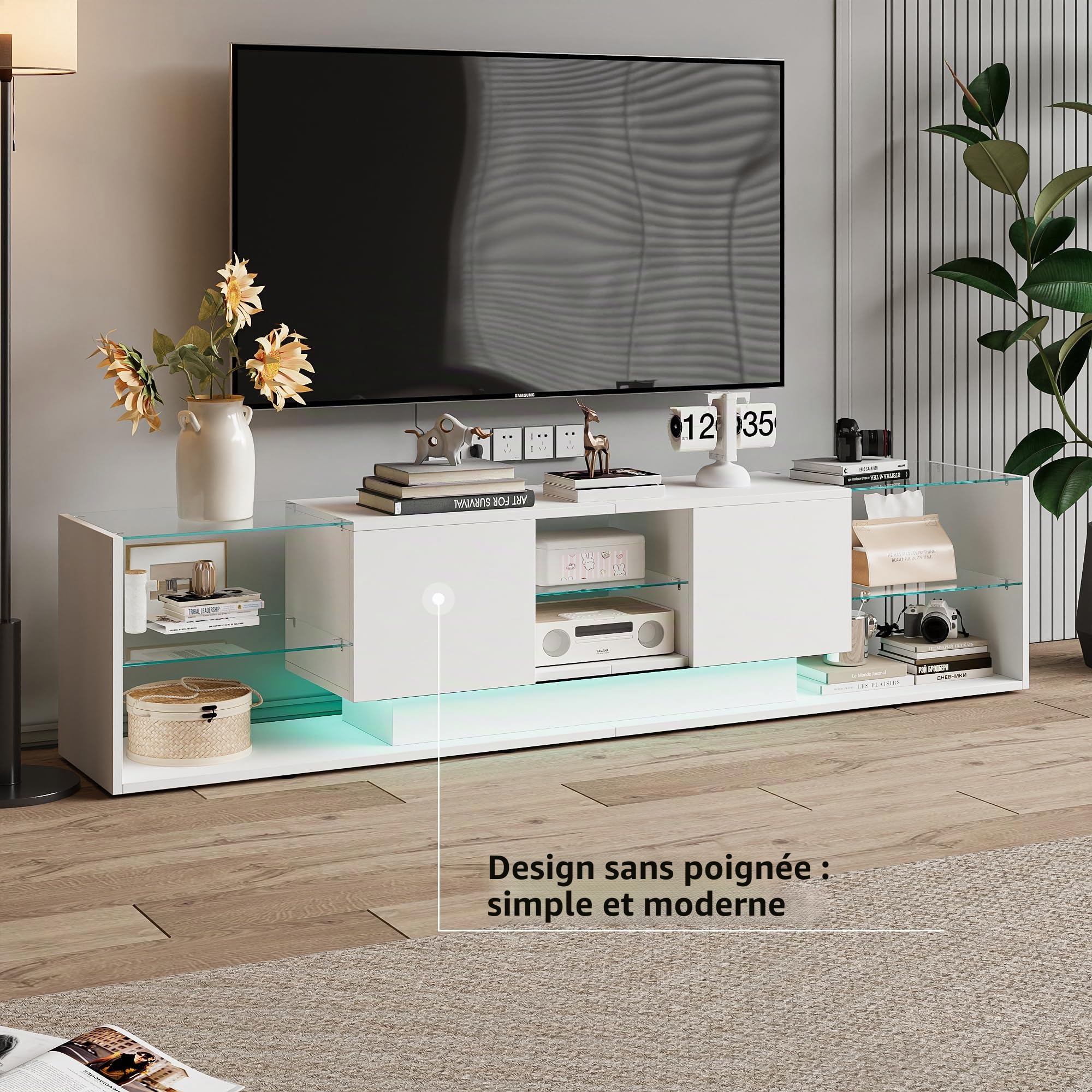 Meuble TV LED, Meuble TV Blanc Brillante, Armoire De Télévision avec 2 Tiroirs, étagères Ouvertes en Verre, Meuble Tele, Moderne Table Television pour Salon Ou Chambre, 200x35x45 cm, Blanc