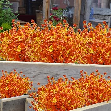 8 Bundles Artificial Fall Flowers for Outdoors,UV Resistant Fake Flowers No Fade Outdoor Faux Plastic Flower Plants Perfect for Your Outdoor Garden Home Patio Decor(Gold Yellow)