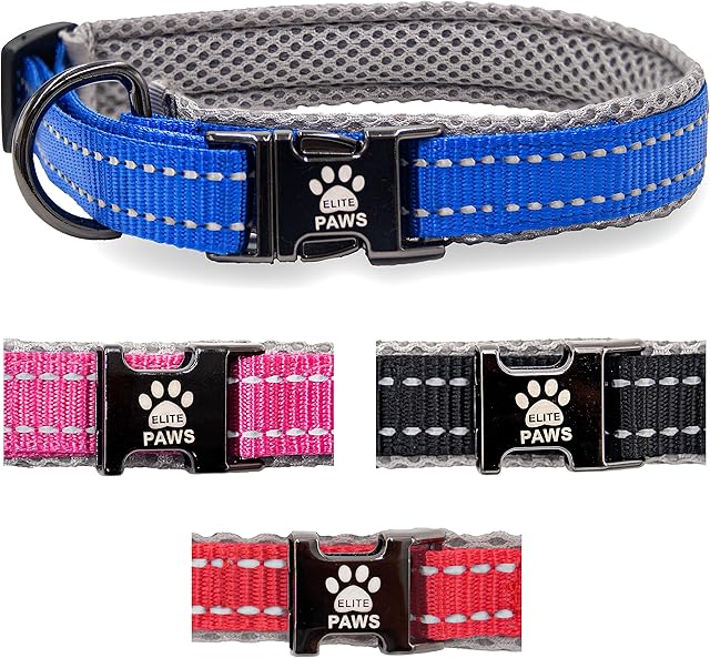 Elite Paws® UK. Premium Dog Collar Metal Buckle, Soft Padded Mesh, Reflective, Strong, Adjustable. Puppy Puppies XS Small Medium Large Extra XL Boy Girl Male Female Pet Breeds (25cm-30cm, Blue/ Grey)