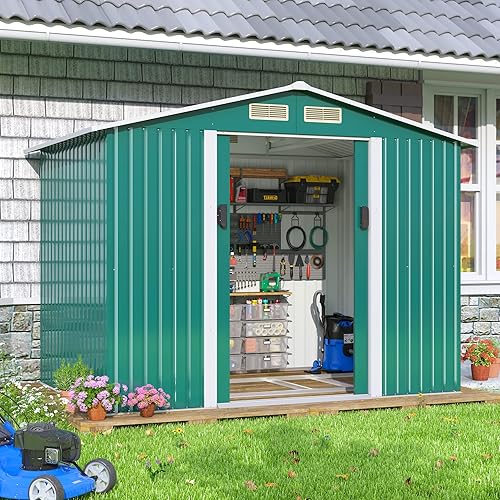 JAXPETY Cobertizo de almacenamiento para exteriores de 6.3 x 9.1 pies, cobertizo de almacenamiento de metal con puertas cerradascorredizas,
