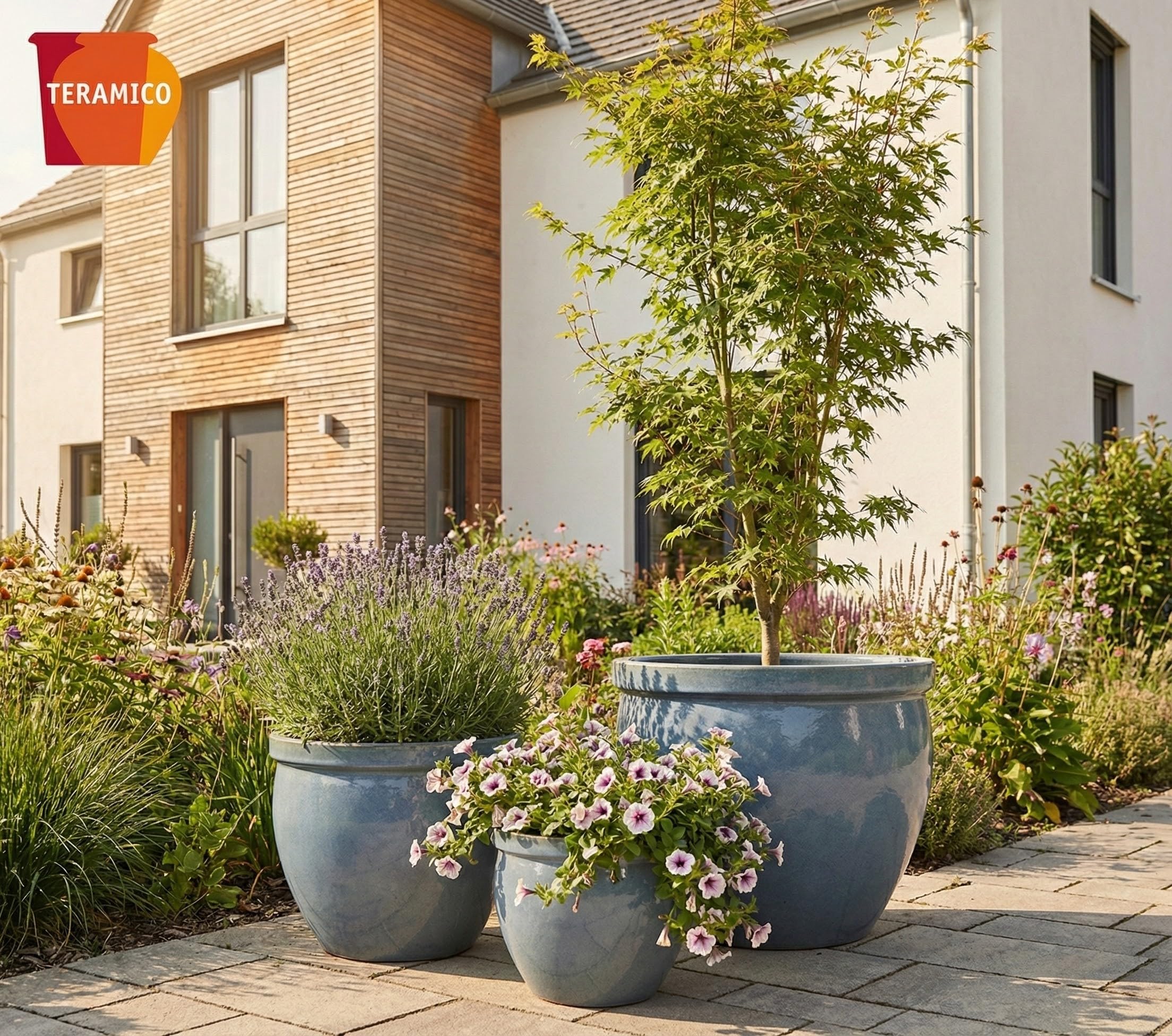Teramico Premium Keramik Pflanzkübel Garten (Oktober Grau, 37cm x 31cm) | Massiv gearbeitet und absolut frostfest. Von Hand gefertigtes Pflanzgefäß mit Abwasserloch für Garten und Terrasse.