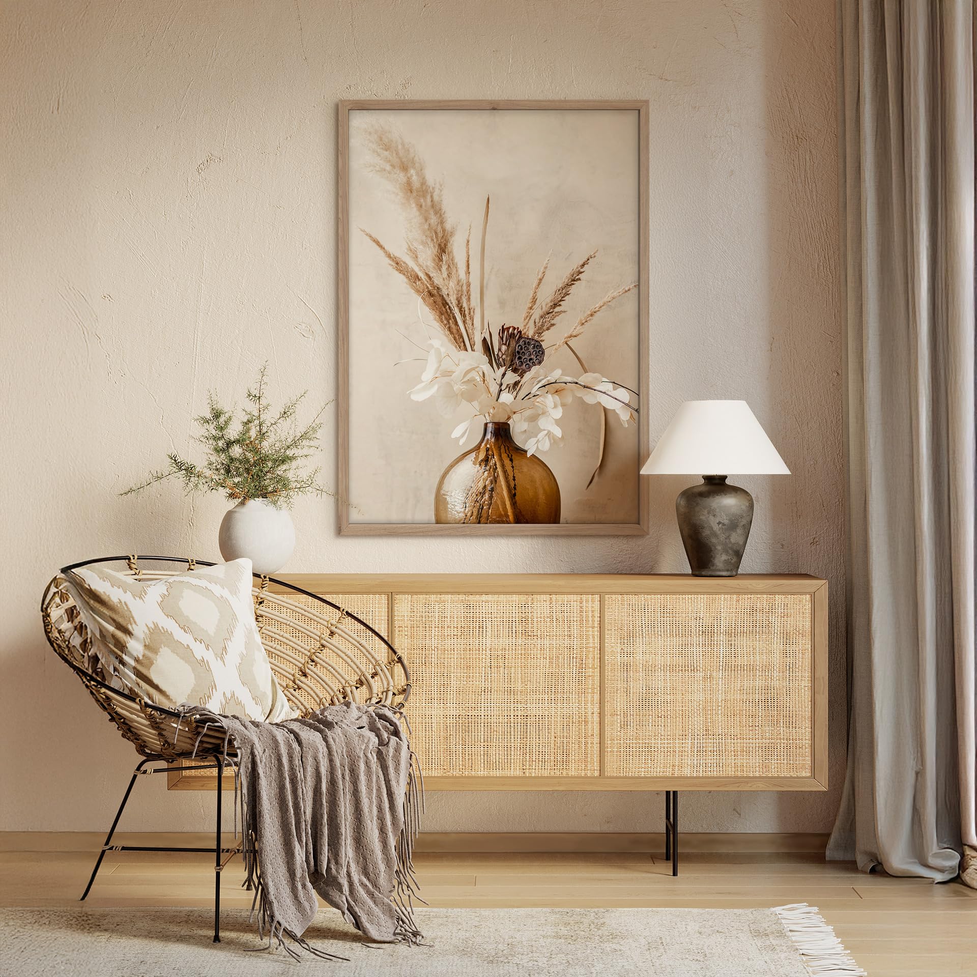 STYLER Tableau Boho Vase 50 x 70 cm avec Cadre en Bois – Herbe de la Pampa & Fleurs Séchées – Tableau Boho Japandi Naturel Beige