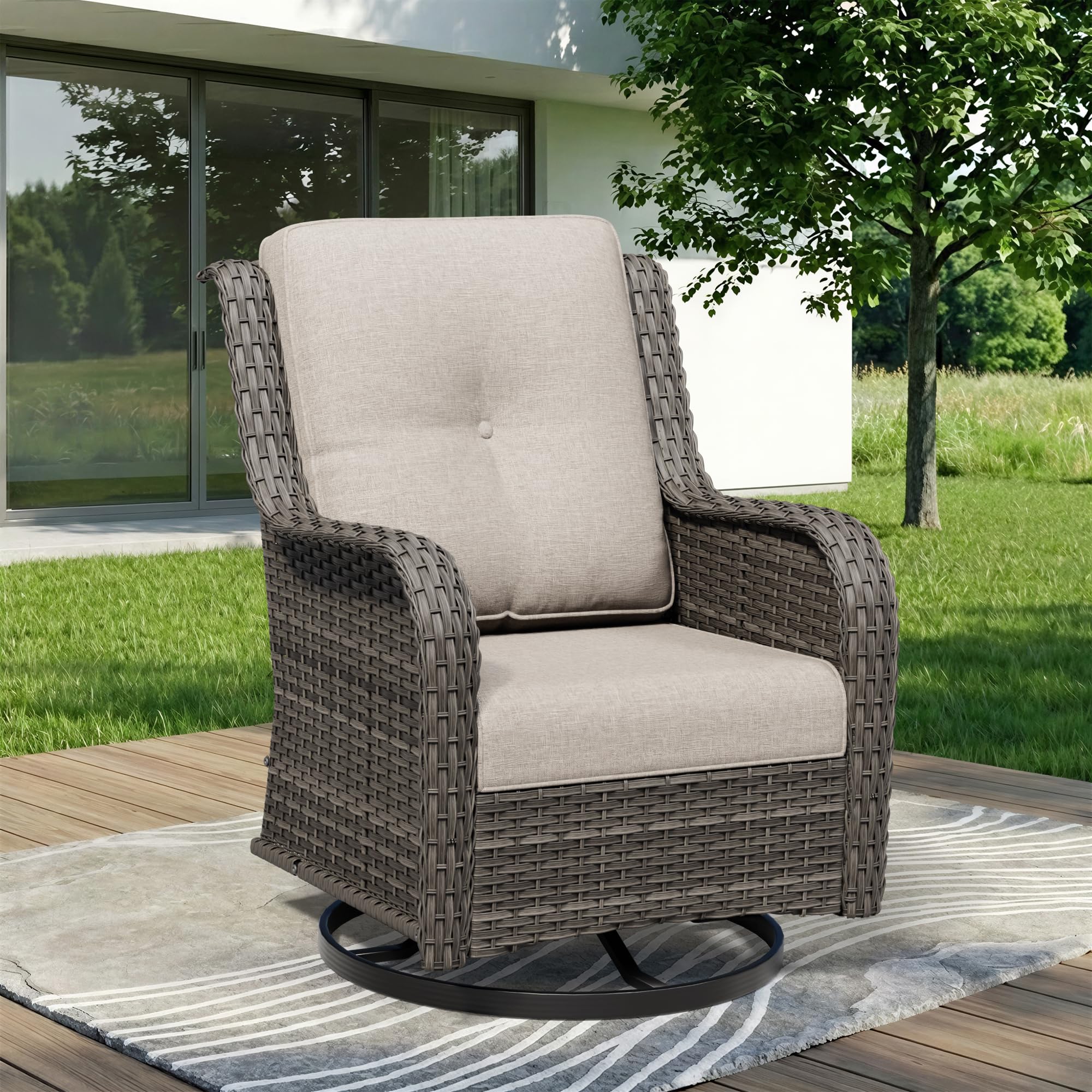 Outdoor Swivel Rocker Patio Chair - Outdoor Wicker Patio Furniture with Thickened Olefin Cushions, High Back and Deep Seating, Hand-Woven PE Rattan for Porch, Deck, Balcony, Beige