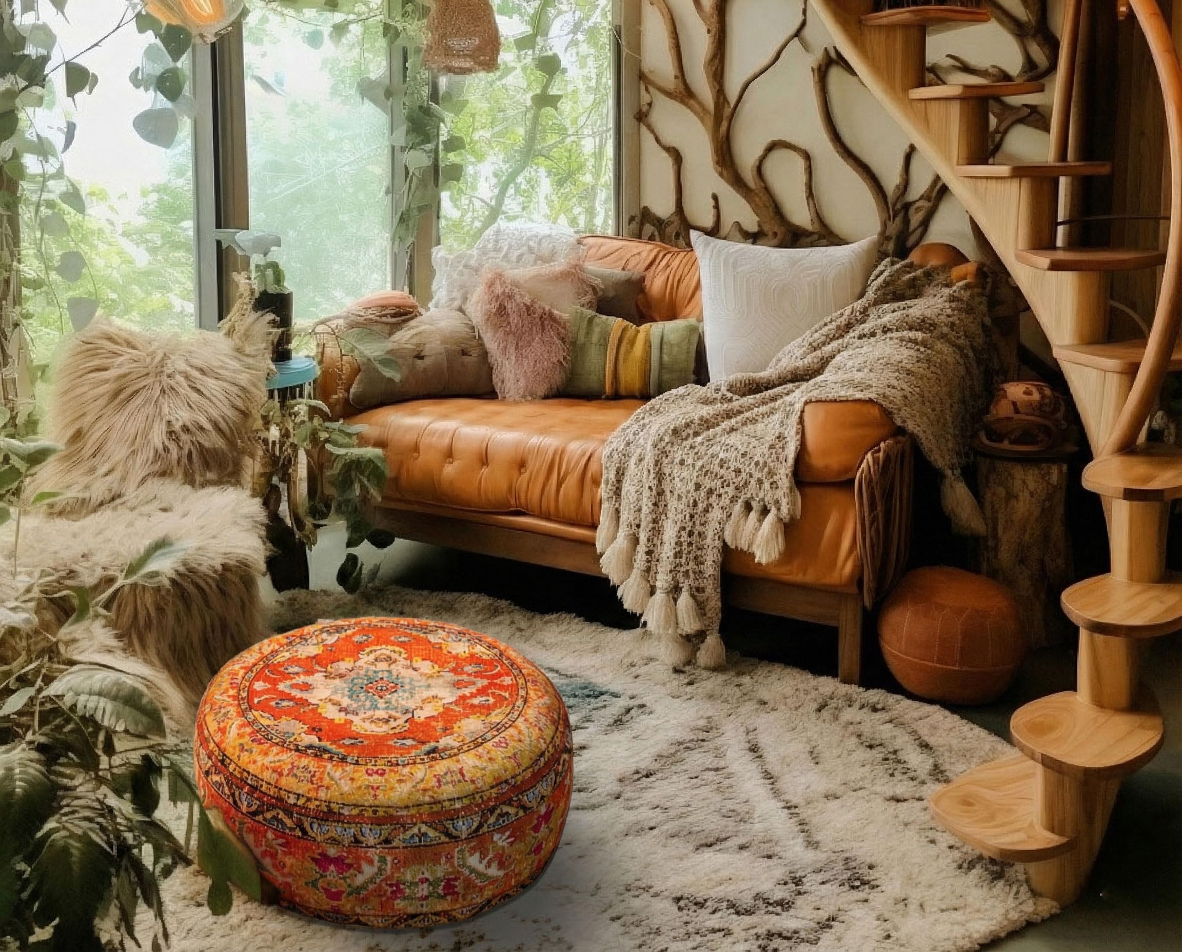 Mandala Life ART Funda de cojín de Piso Bohemian Rug - Redonda 60x20 cm - Puf de decoración de habitación Artesanal de Lujo para meditación, Yoga y Boho Chic Funda de Almohada de Piso para Asientos