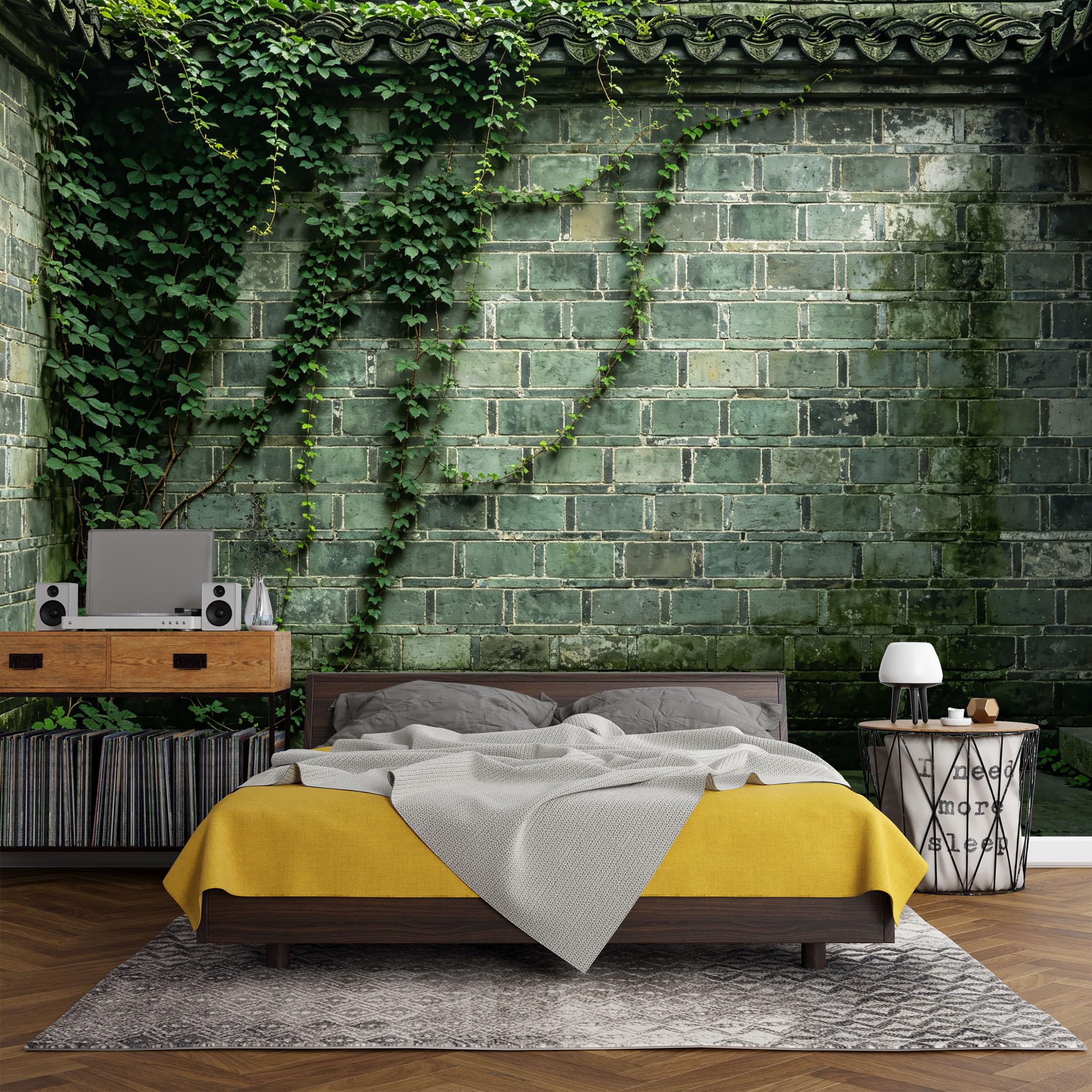 Custom Size Wall Mural， Botanical Green Brick Wall Ivy Vintage Texture，SelfAdhesive Art Prints wall Fabric(No PVC) Removable Wallpaper Living Room Decor