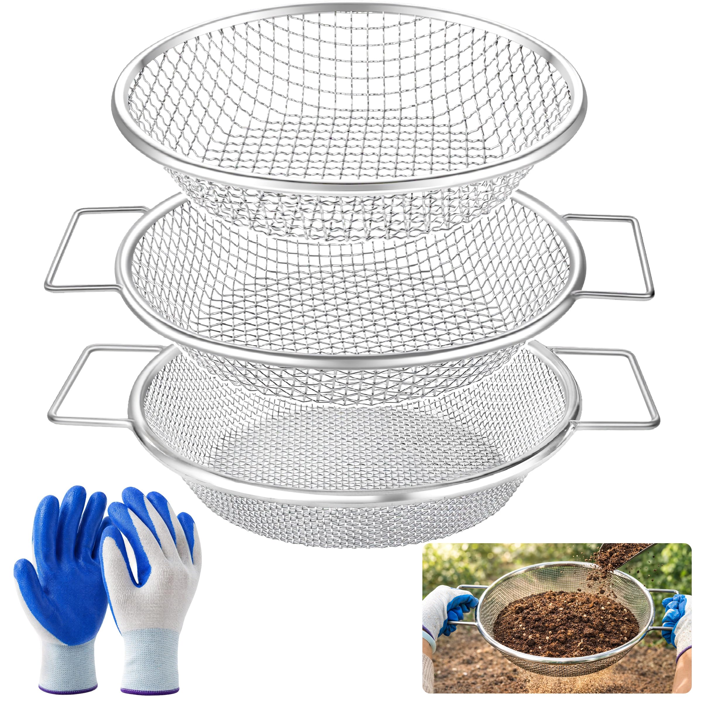 MUETKNYE Soil Sifter for Gardening 3Pcs Compost Sifter 3 Mesh Sizes 1/8" 1/4" 3/8" Heavy Duty Dirt Sieve Fits 5 Gallon Buckets Garden Sifter with Handle for Rocks Dirt and Organic Material