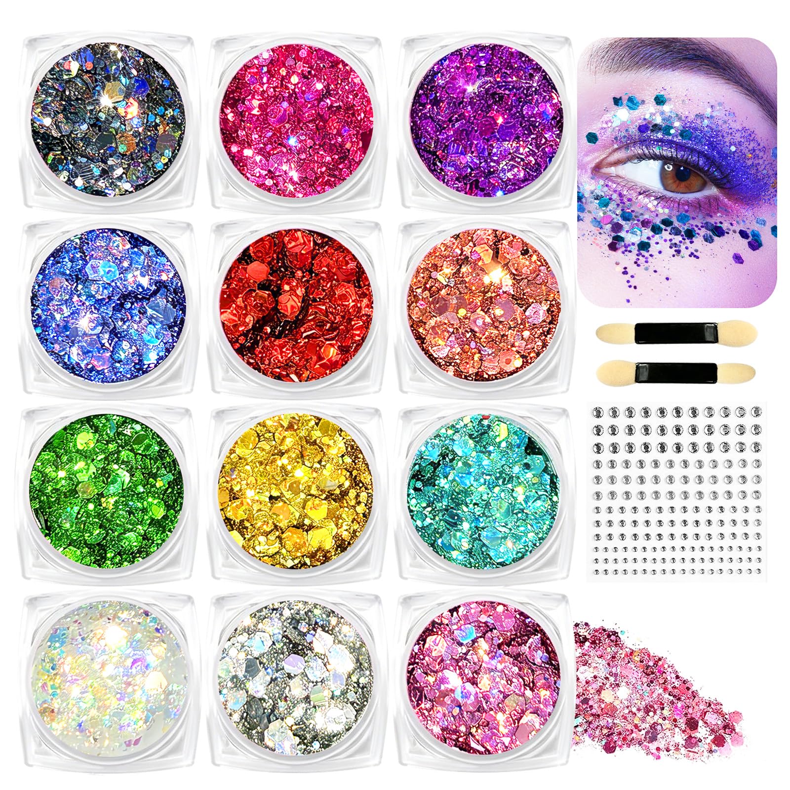 Glitter Viso Make up in Gel 12 colori Glitter per Corpo e Capelli Autoadesivo con Scintillii, Impermeabile 1 Fogli Adesivi con Strass per Trucco Professionale per Trucco Festival