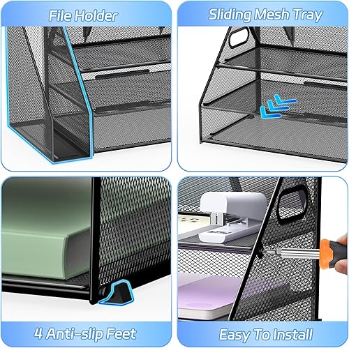 Miniatura 5 de Docnest Bandeja de papel de 3 niveles, organizador de escritorio de malla metálica con asa, soporte para bolígrafo integrado, almacenamiento de