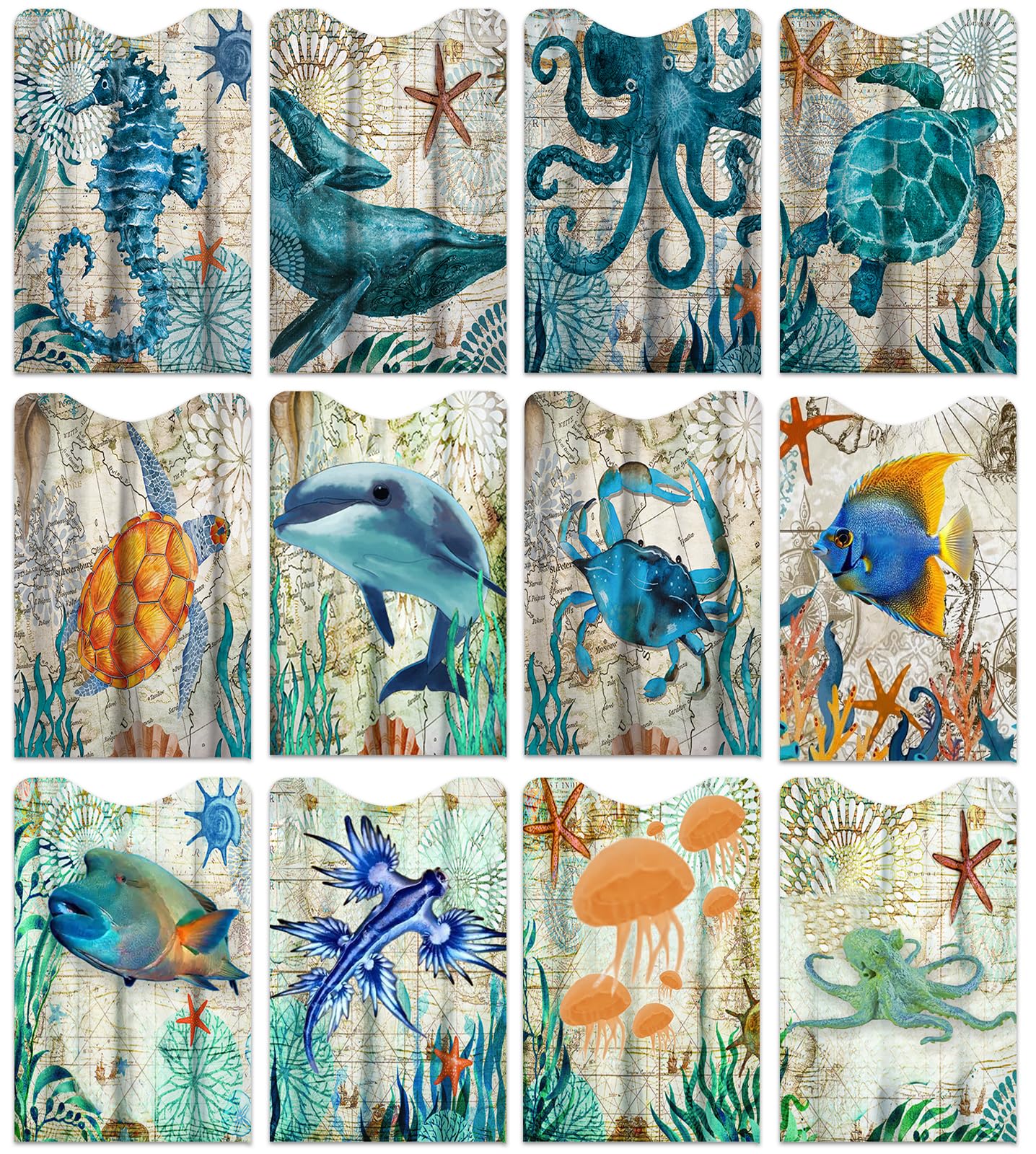 SMOQYKBW 12 PCS RFID Blocking Sleeves, Credit Card Holder for Women Men Protect Cards Identity from Electronic Theft Travel Case Set (Marine Animals)