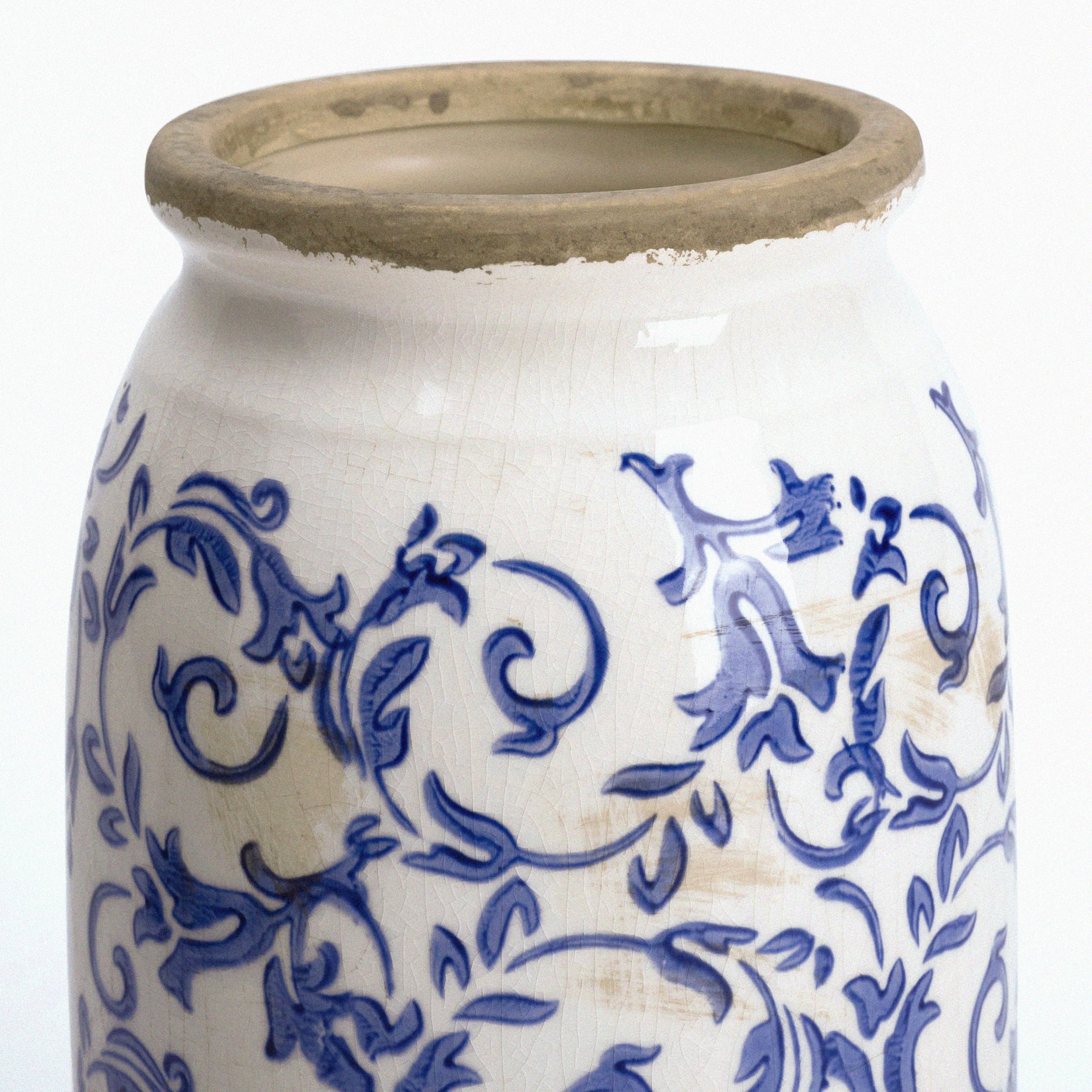 VICTOR & TERESA Vaso In Ceramica Blu Con Cricraqué 20 Cm - Realizzato A Mano, Stile Rustico Vintage, Per Fiori Secchi E Freschi, Centrotavola