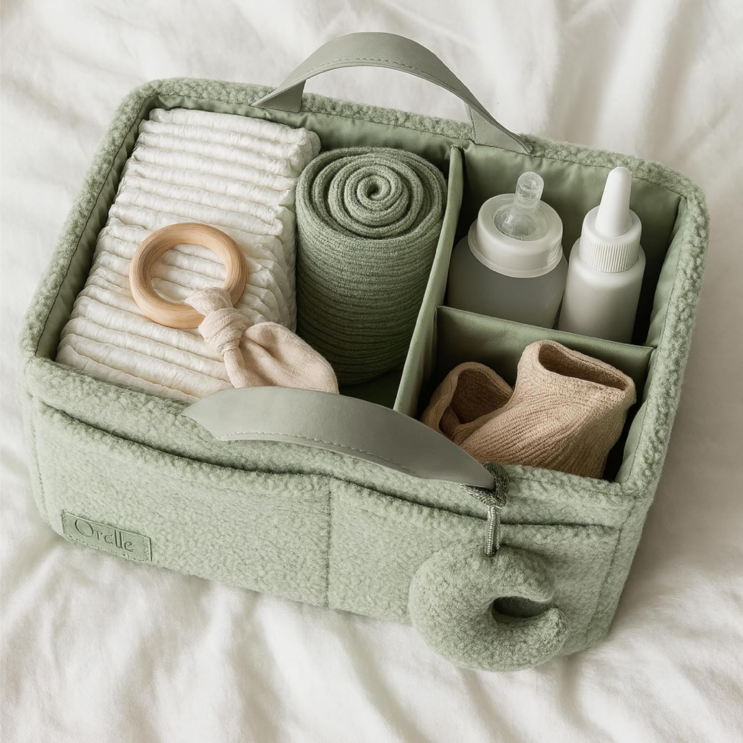 Orelle Bouclé Diaper Caddy Organizer with Matching Pouch & Moon Pendant | Teddy Portable Changing Table Organizer | Sage Green Diaper Caddy | Must-Have Baby Shower Gifts | Sage Green