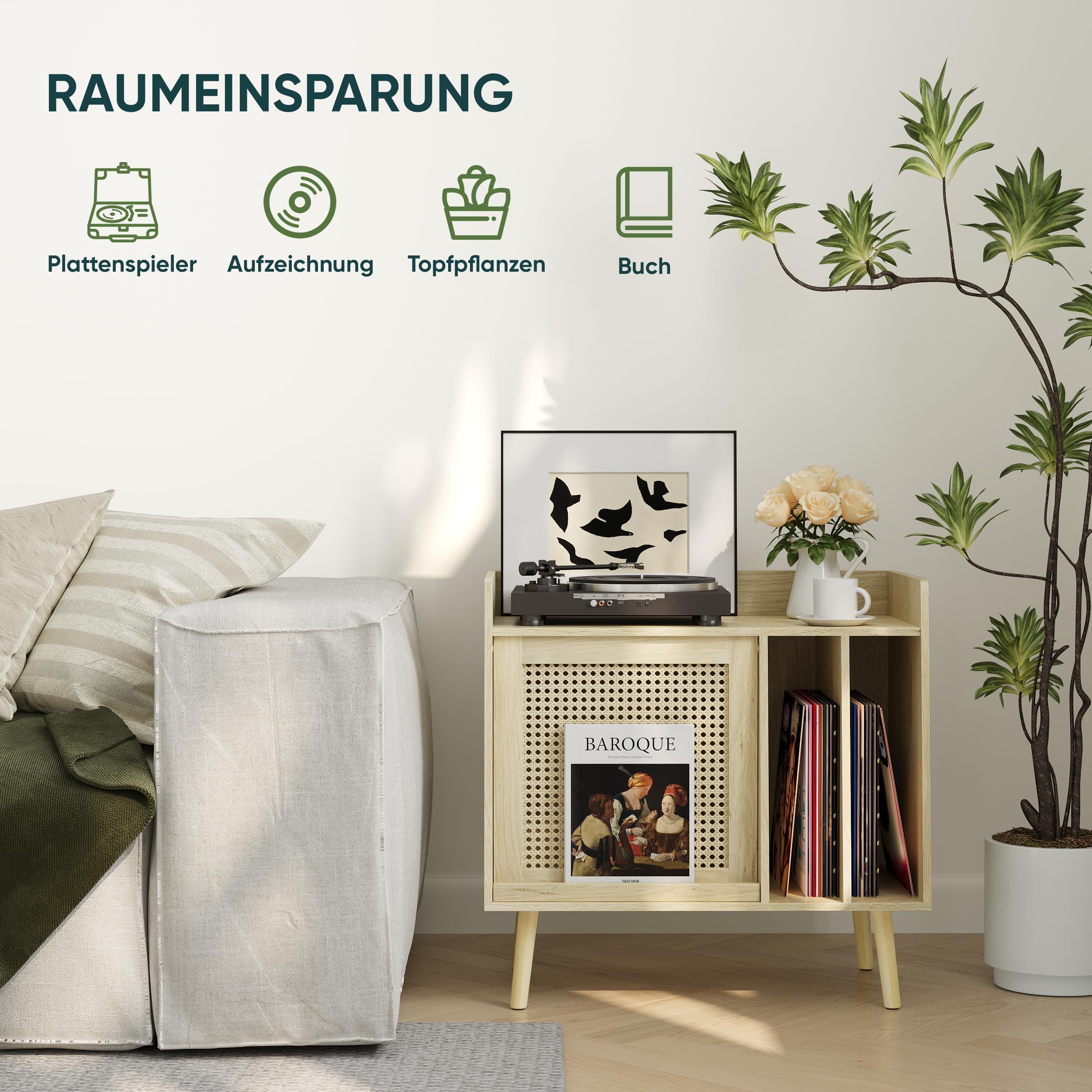 Semiocthome Plattenspieler-Tisch mit Vinyl-Aufbewahrungsfunktion, Schallplattenständer mit Rattan-Schranktüren und Massivholz-Tischbeinen, geeignet für Plattenspieler. (klein)