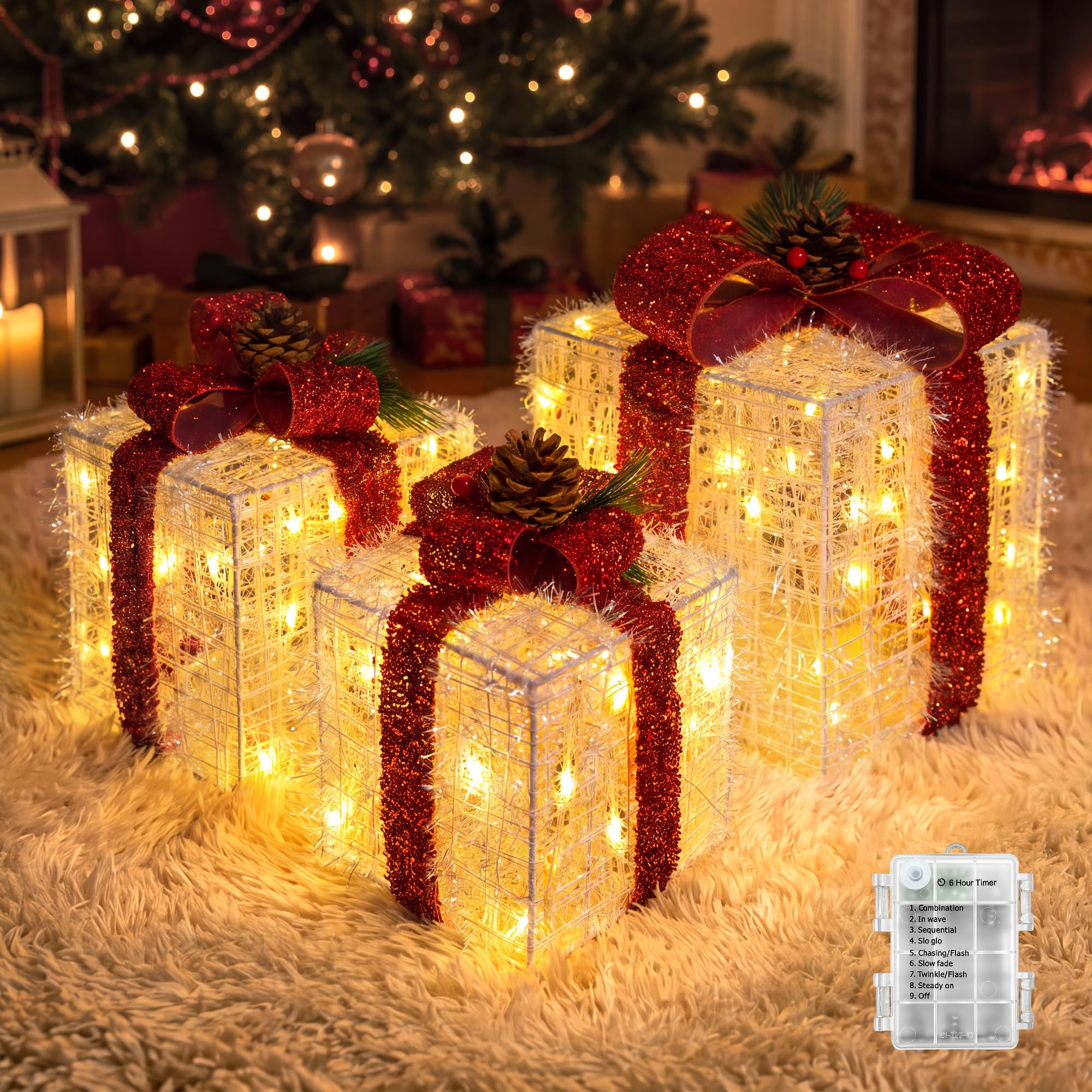 Ollny Set of 3 Light Up Gift Boxes, Warm White LED Xmas Decor, Red Bows