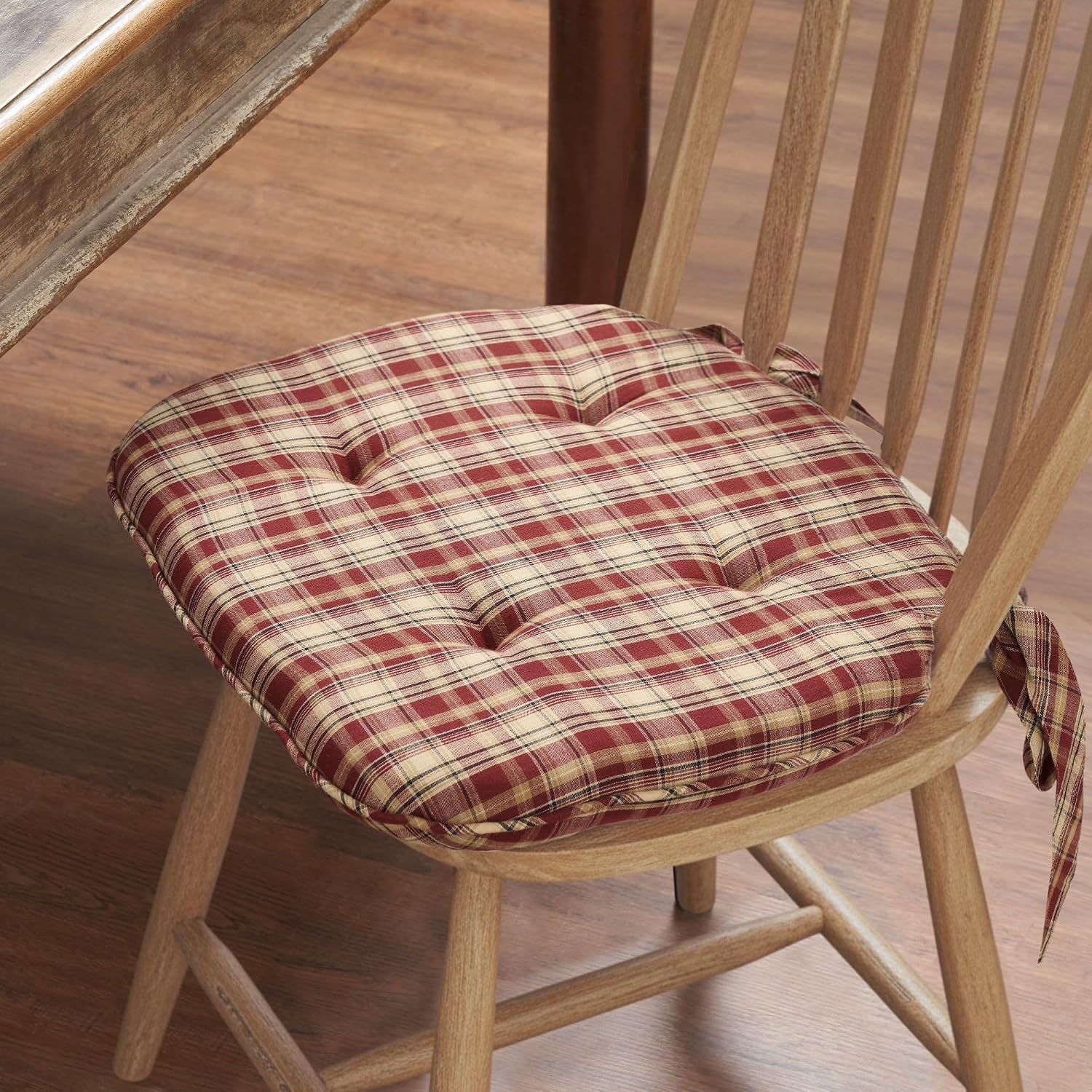Beckham Red Black Tan Plaid Chair Pad with Ties - 15.5x17 Rustic Farmhouse Stuffed Seat Cushion