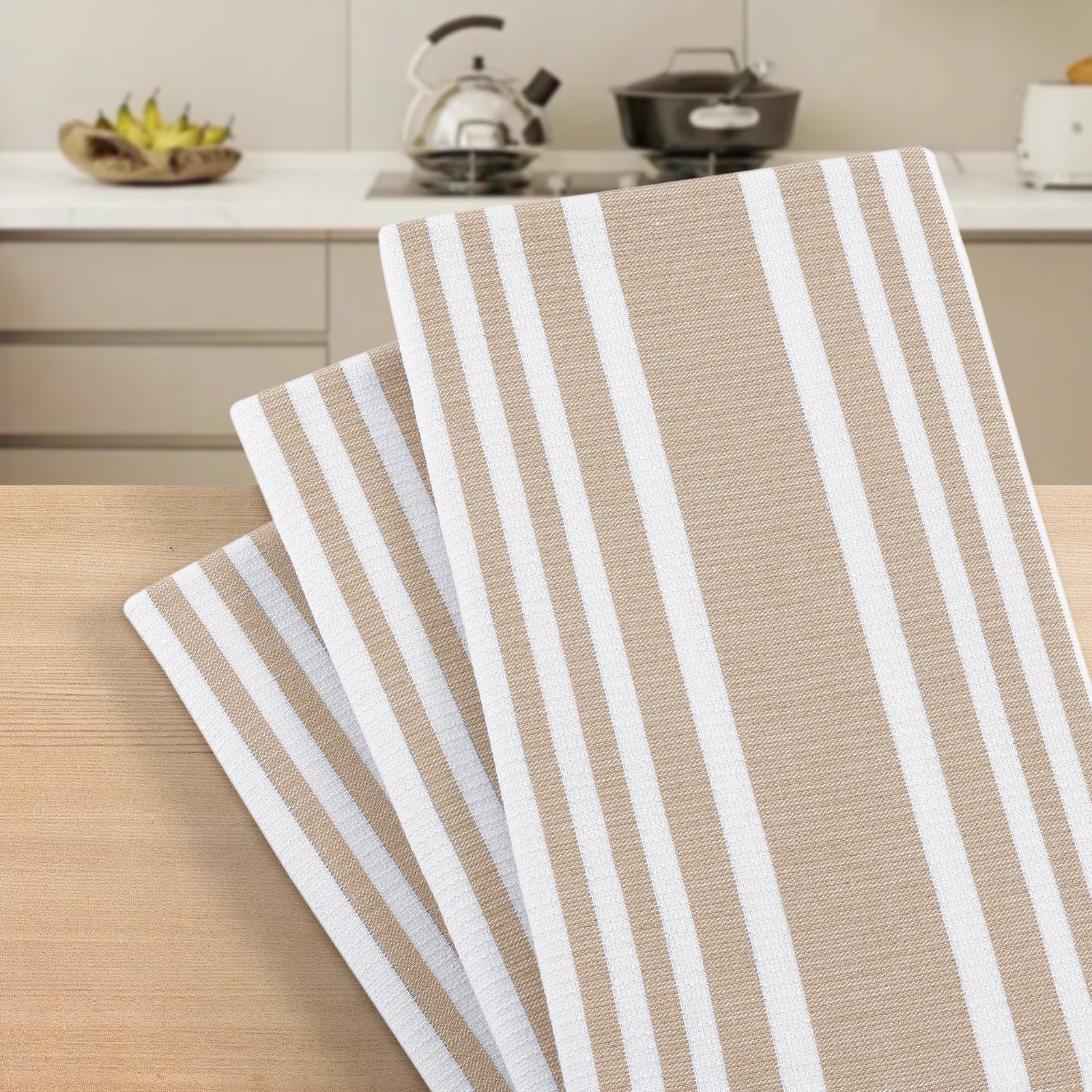 Homaxy Lot de 8 grands torchons de cuisine de qualité supérieure 45,7 x 71,1 cm, en coton de 380 g/m², torchons de cuisine à rayures et en éponge, très absorbants, avec boucle de suspension, kaki