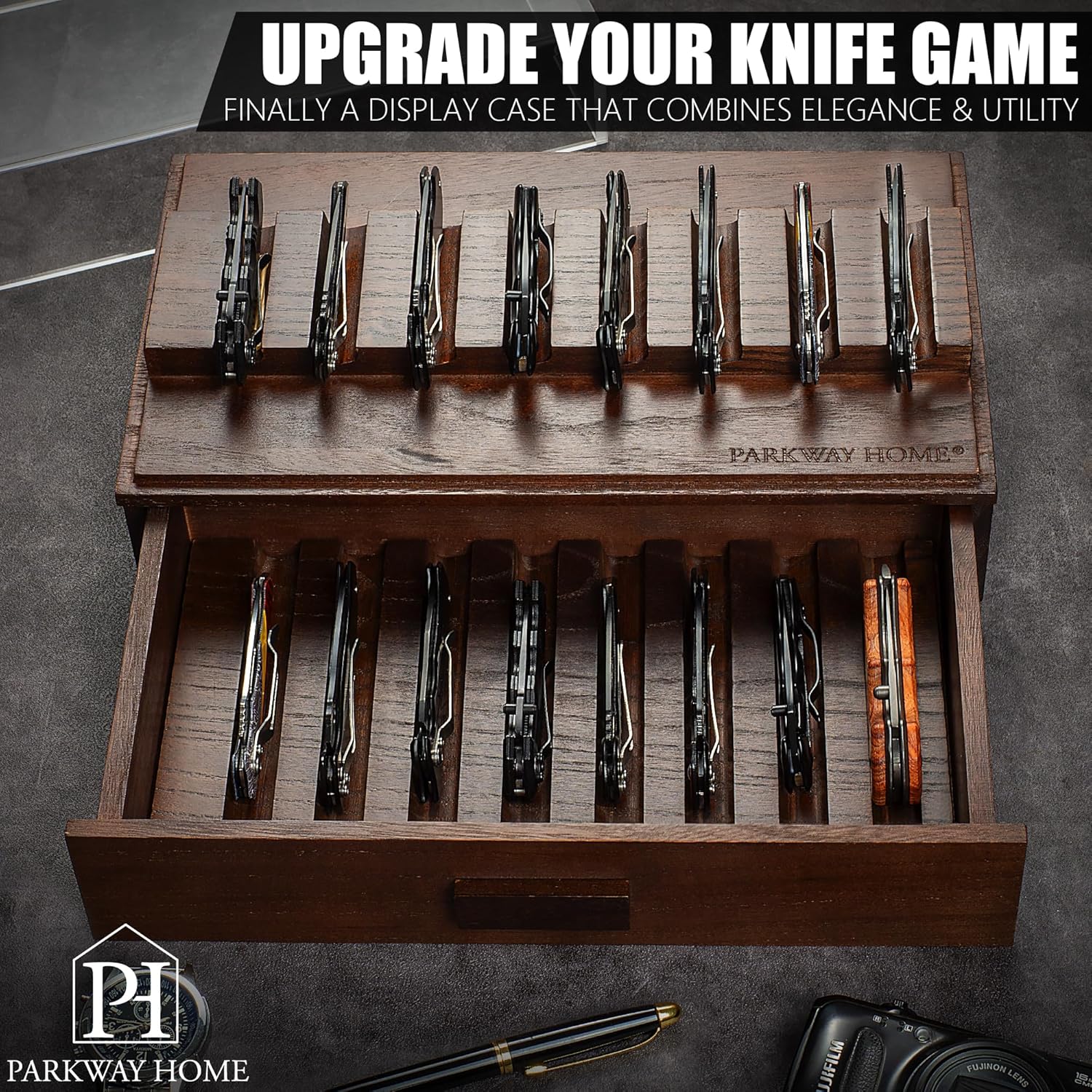 Pocket Knife Display Case for 16 Knives - Wooden Knife Collection Case Clear Cover - Two-Tier Knife Cases for Collections with a Removable Drawer Insert for Other EDC Items, EDC Case - Brown