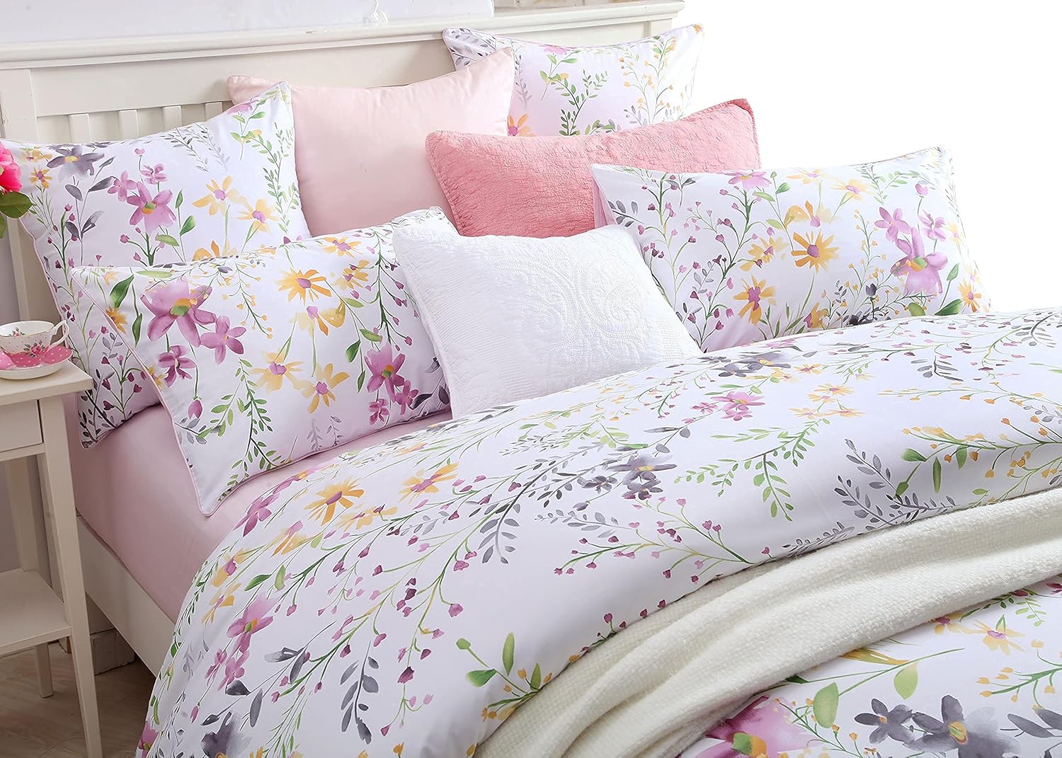 Brandream Floral Bedding Set King Size Duvet Cover Set 100% Soft & Luxurious Egyptian Cotton 800 Thread-Count 3 Piece Blossom Flower Print -White Pink Purple