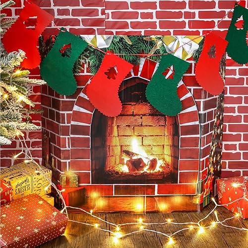 Miniatura 5 de 4 piezas de decoración navideña para chimenea, incluye chimenea de cartón 3D, fondo de pared de ladrillo, pancarta de fieltro de medias de Navidad y