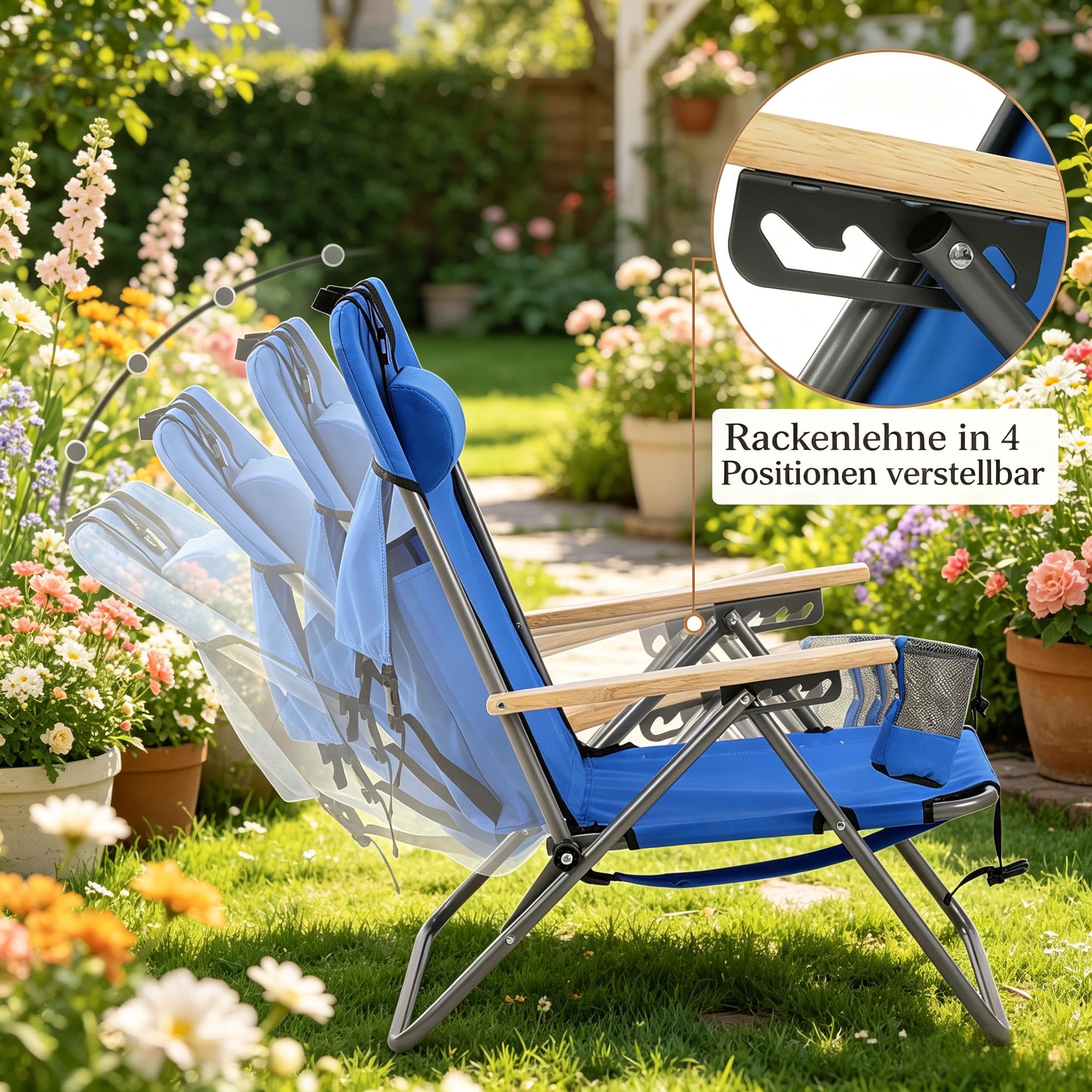 vutizal Klappbarer Campingstuhl mit 4-Fach Verstellbarer Rückenlehne, Leichter Liegestuhl für Strand & Garten, Picknickstuhl als Rucksack faltbar, bis 150 kg, blau
