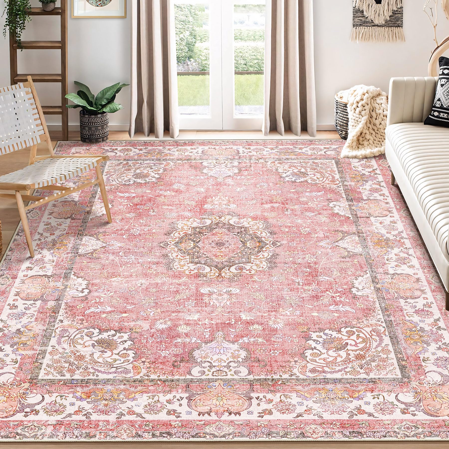 Castage 8'x10' Area Rugs Washable,Pink Rug for Living Room Bedroom Dining Room,Large Boho Vintage Bohemian Distressed Oriental Carpet Non Slip,Blush