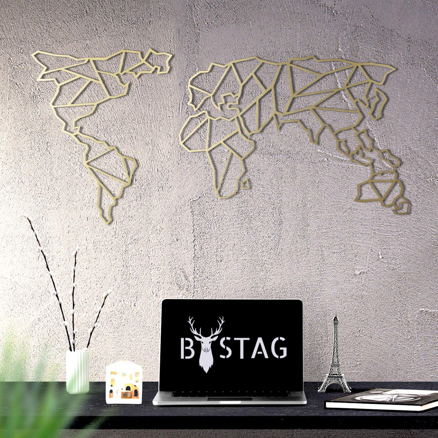 Tubibu - Decorazione da parete moderna, 100% metallo, motivo mappa del mondo, dimensioni 59,9 x 119,9 cm, da soggiorno, camera da letto, dormitorio (oro)
