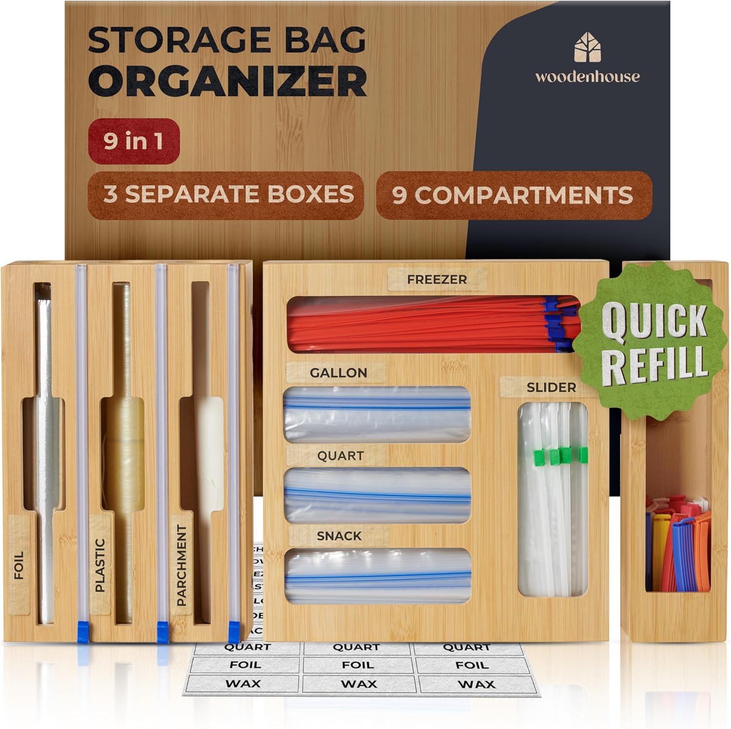 Bamboo Storage Bag Organizer, 9 in 1 Sandwich Bag Organizer, Foil and Plastic Wrap Bamboo Organizer with Labels Included by Woodenhouse