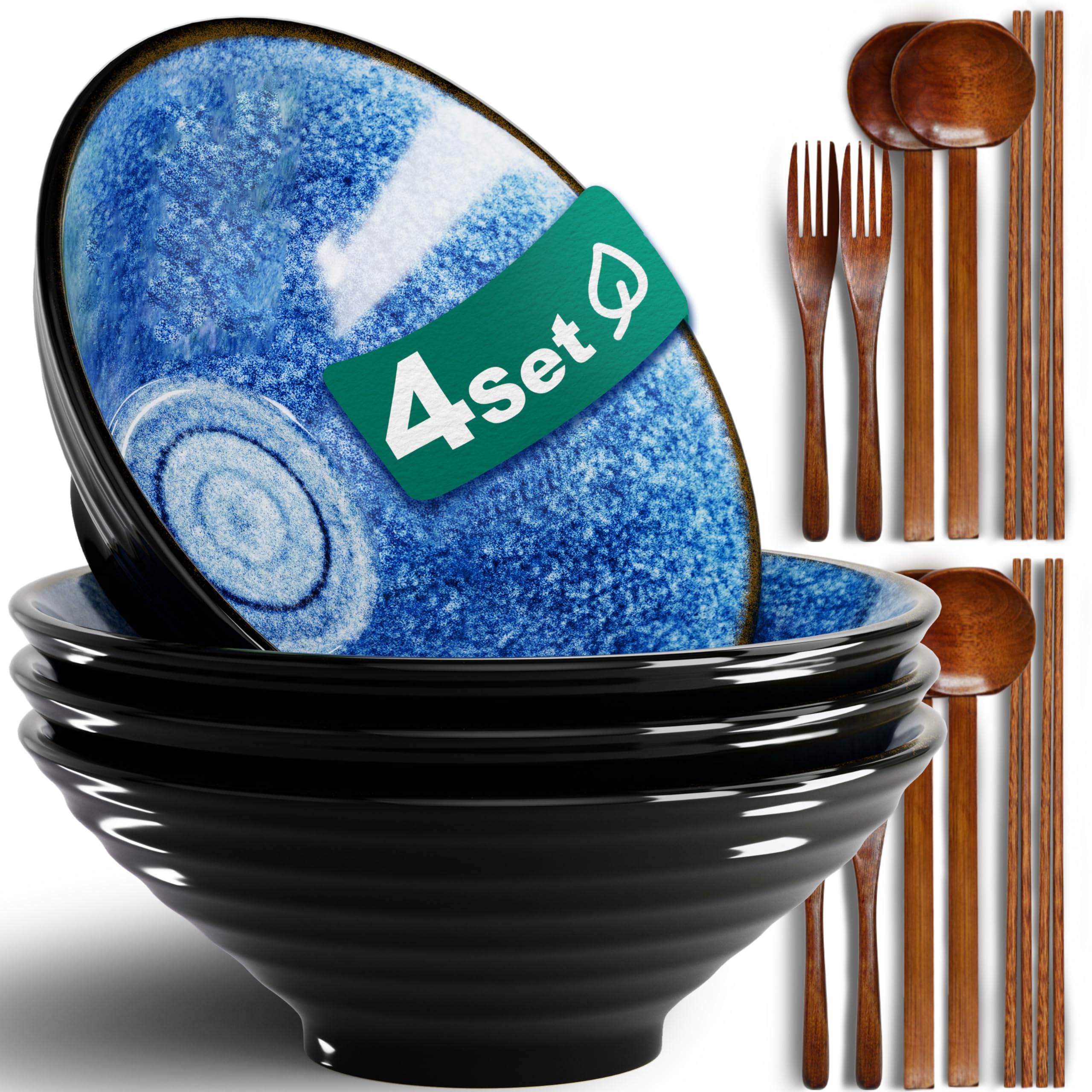 8 Pollici 4 Set Ceramica Ramen Ciotole(16 Pezzi) - Porcellana Giapponese Lavastoviglie Microonde Insalata Pasta Zuppa Grandi Ciotole Con Bacchette Forchette Cucchiai Per Uomini Donne Regalo Della Casa