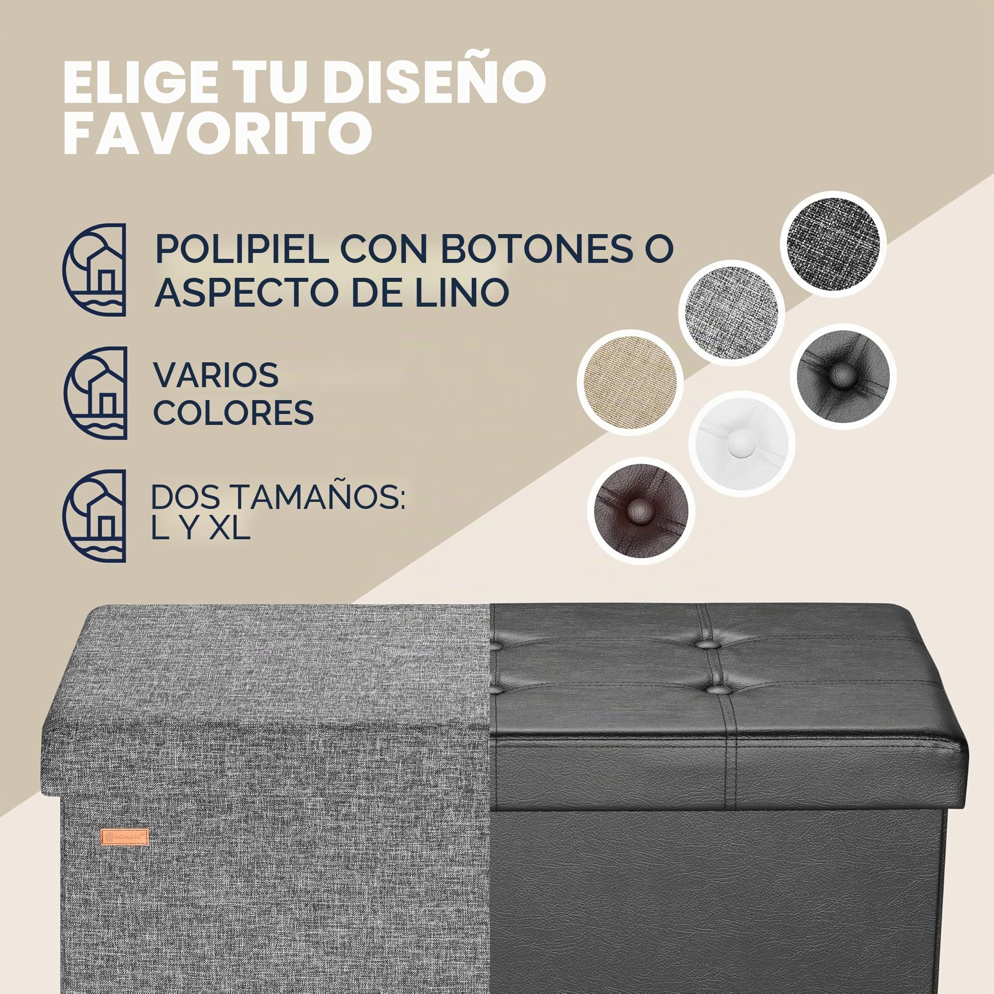 CASARIA® Banco Almacenaje Plegable Puff Reposapiés Otomana Almacenamiento Salón Dormitorio Capacidad Carga 300kg Resistente Efecto Lino 80x40x40cm Gris Oscuro